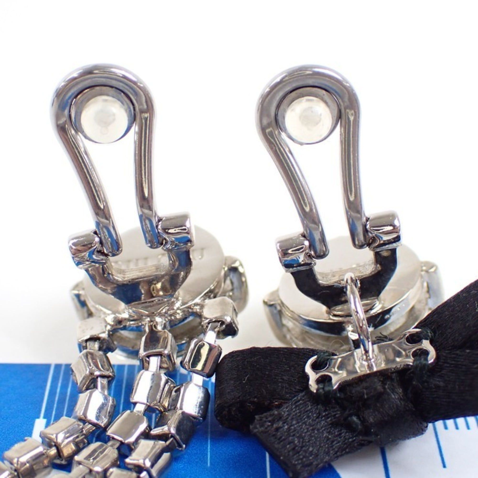 Miu Miu Miu Miu Miu Asymmetrical Earrings, Silver, Clear, Black Metal, Rhinestone, Satin, Clip-on Style. Size ONE SIZE - 3 Thumbnail