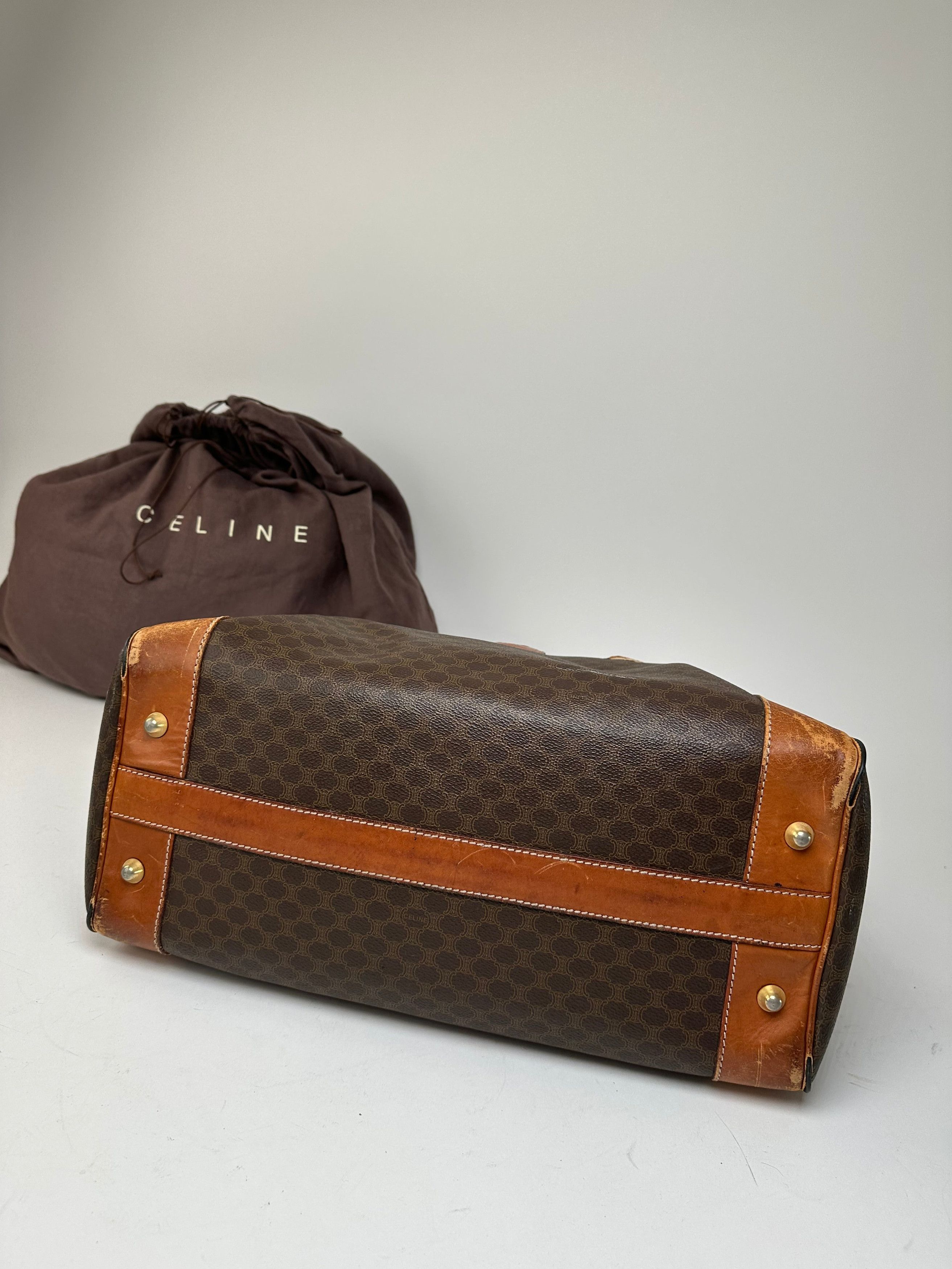 Celine Vintage Paris Triomphe Monogram Leather Duffel Bag Brown Size ONE SIZE - 12 Thumbnail