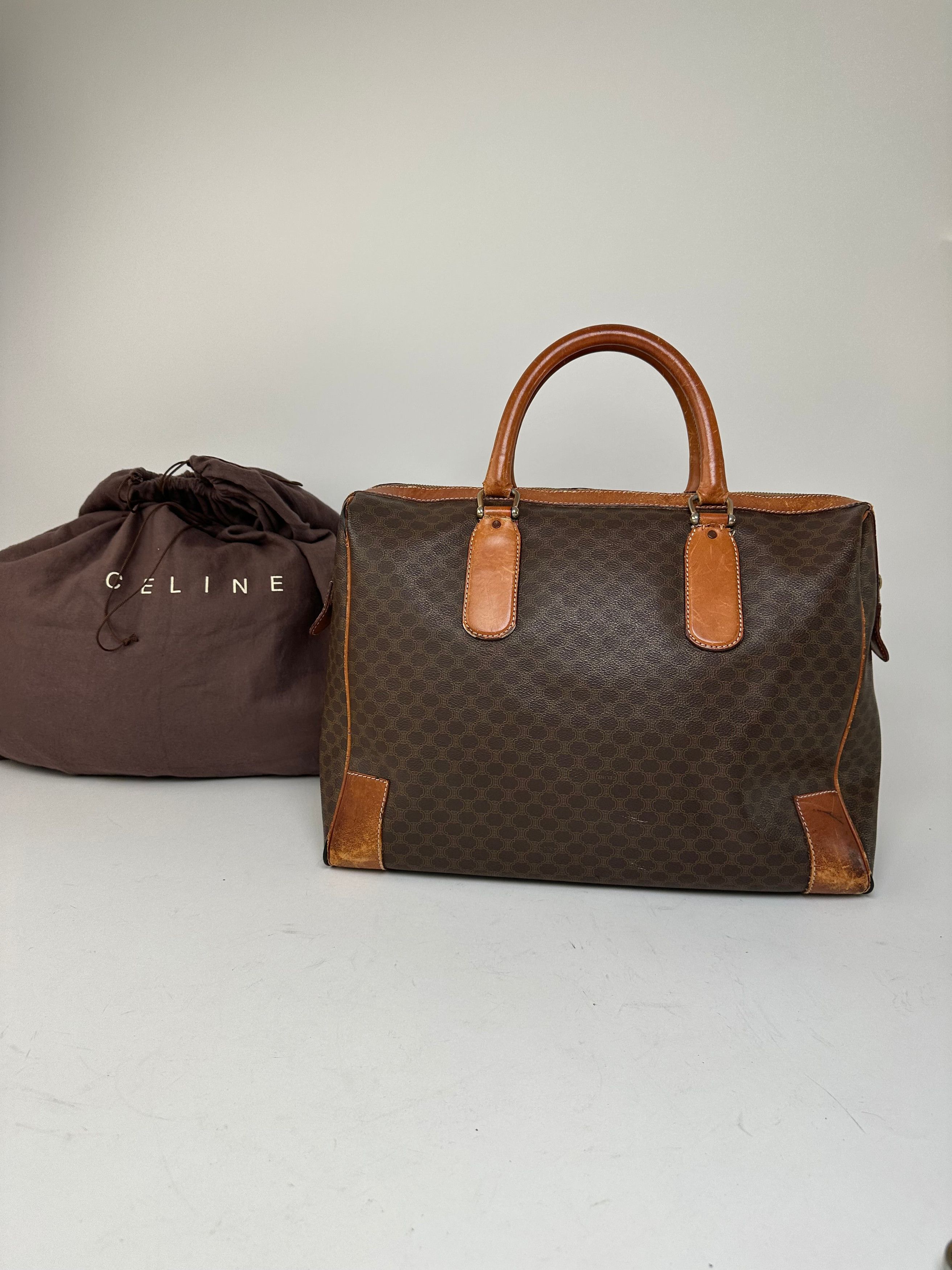 Celine Vintage Paris Triomphe Monogram Leather Duffel Bag Brown Size ONE SIZE - 14 Thumbnail