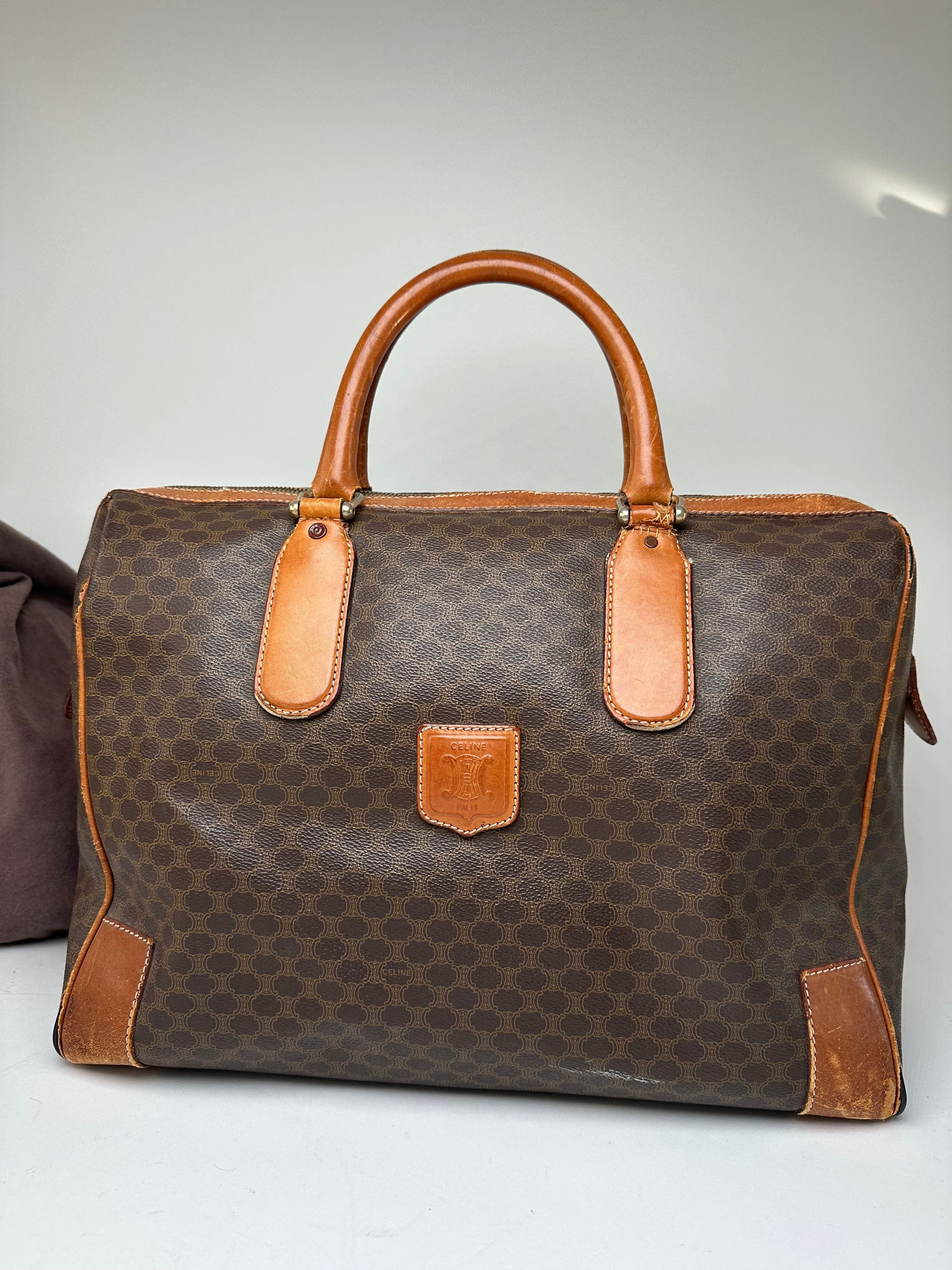 Celine Vintage Paris Triomphe Monogram Leather Duffel Bag Brown Size ONE SIZE - 13 Thumbnail