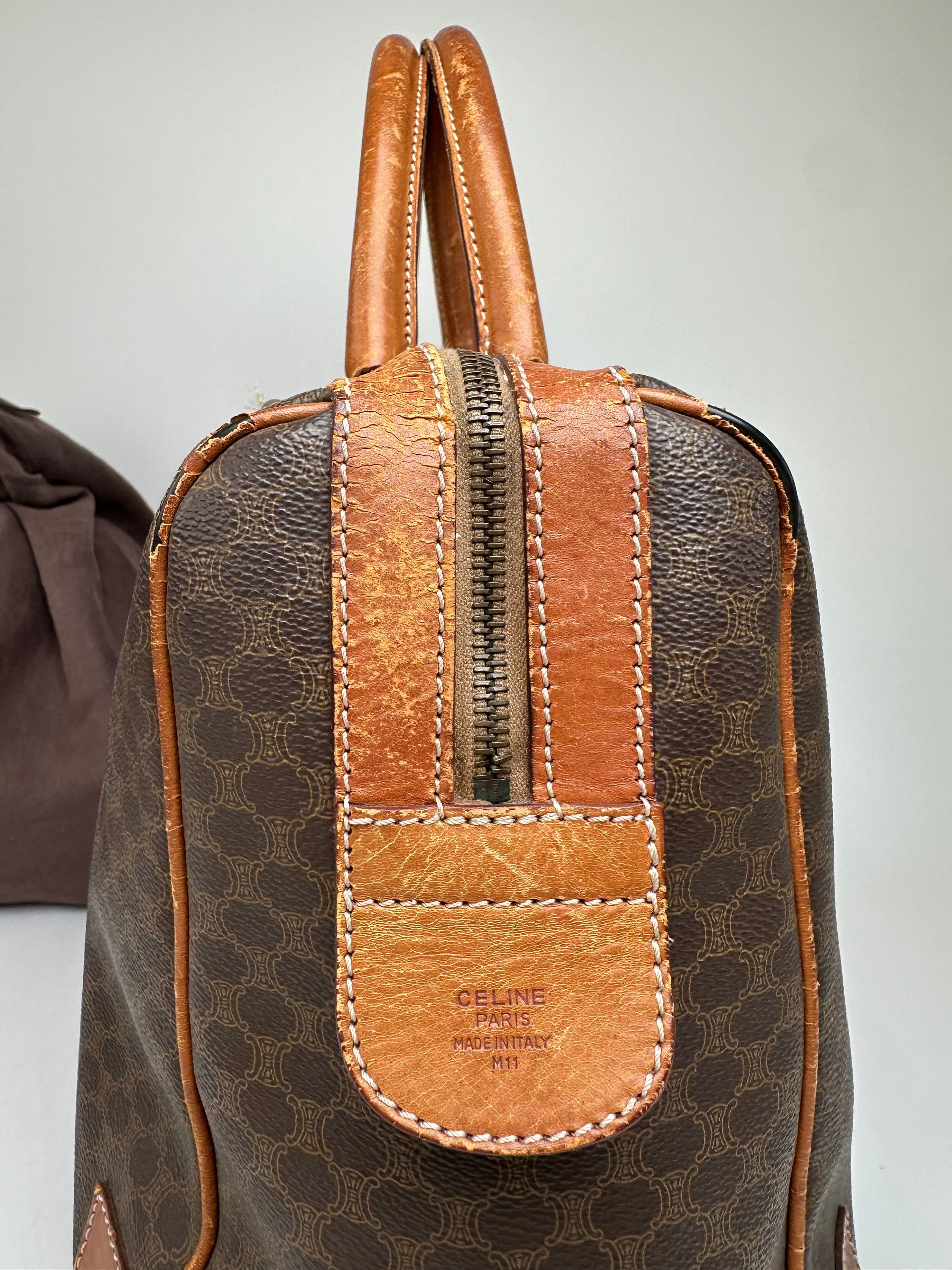 Celine Vintage Paris Triomphe Monogram Leather Duffel Bag Brown Size ONE SIZE - 7 Thumbnail
