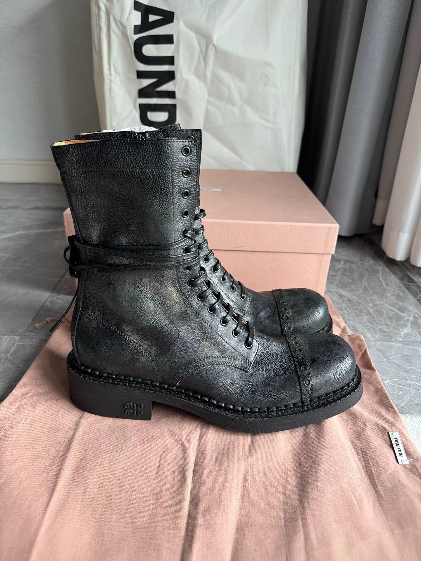 Miu Miu Black Leather Combat Boots Size 7 Size US 7 / EU 40 - 2 Thumbnail