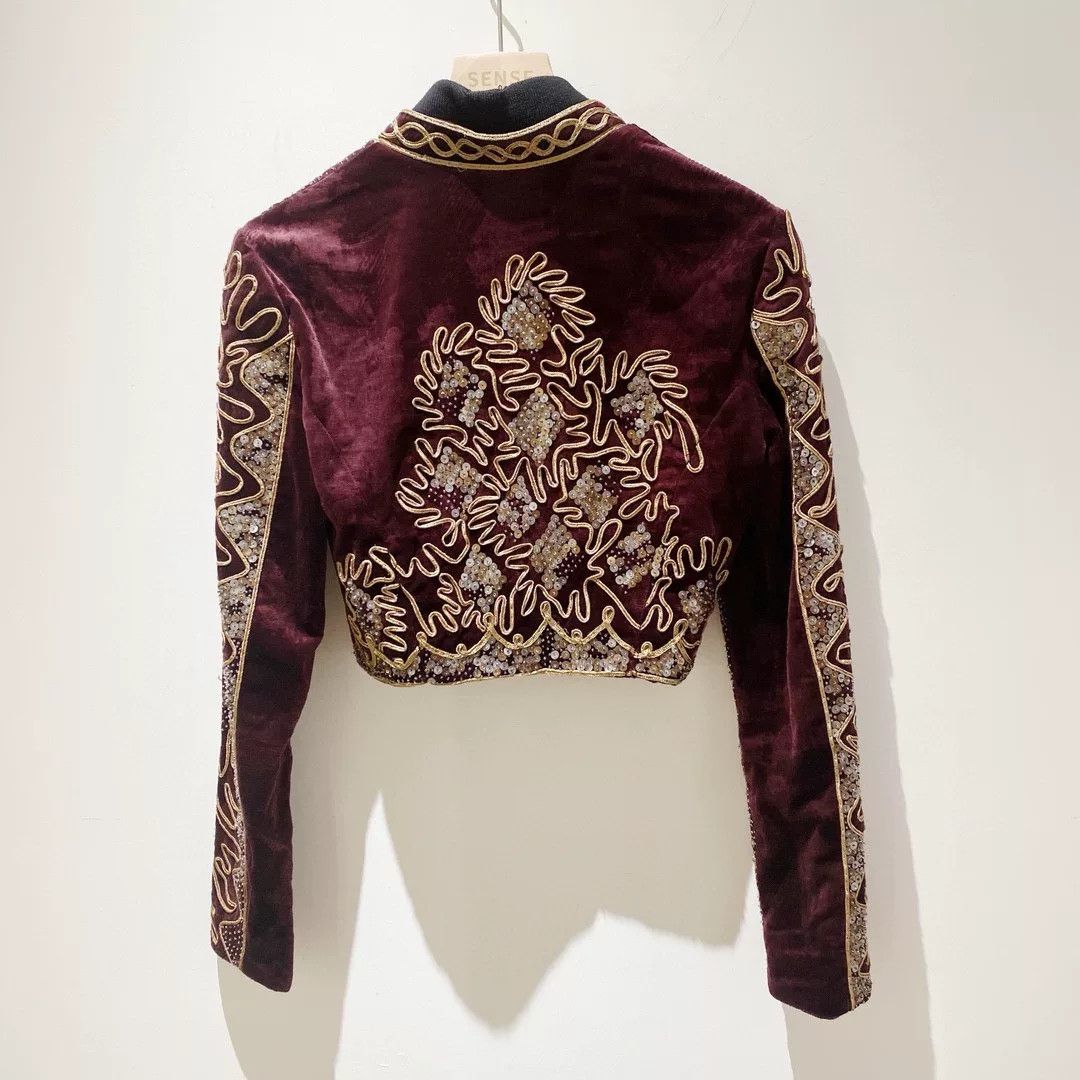 Saint Laurent Paris Saint Laurent Burgundy Embroidered Velvet Jacket Size S / US 4 / IT 40 - 2 Thumbnail