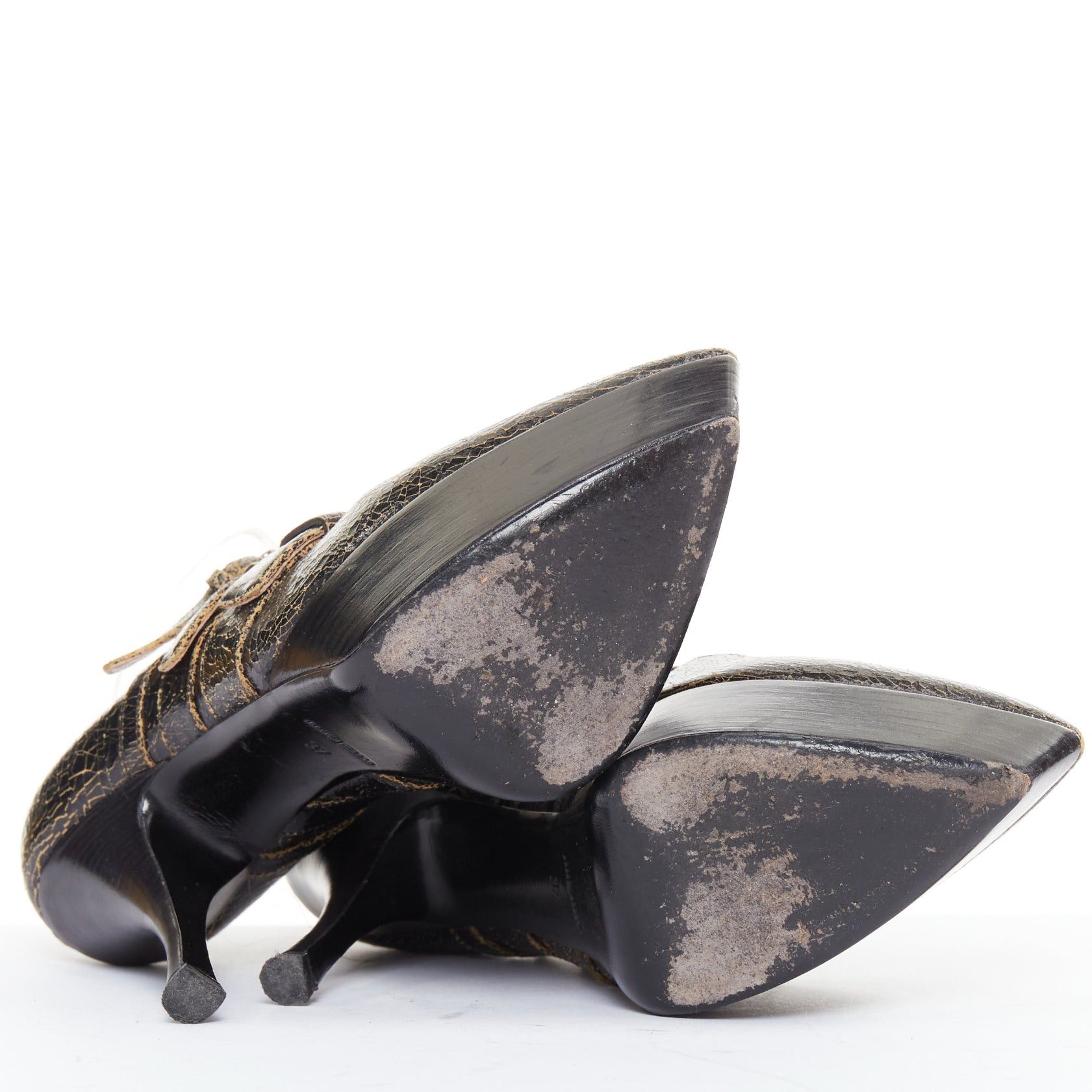 Miu Miu MIU MIU dark brown cracked effect leather triple strap platform heels EU37 Size US 7 / IT 37 - 11 Thumbnail