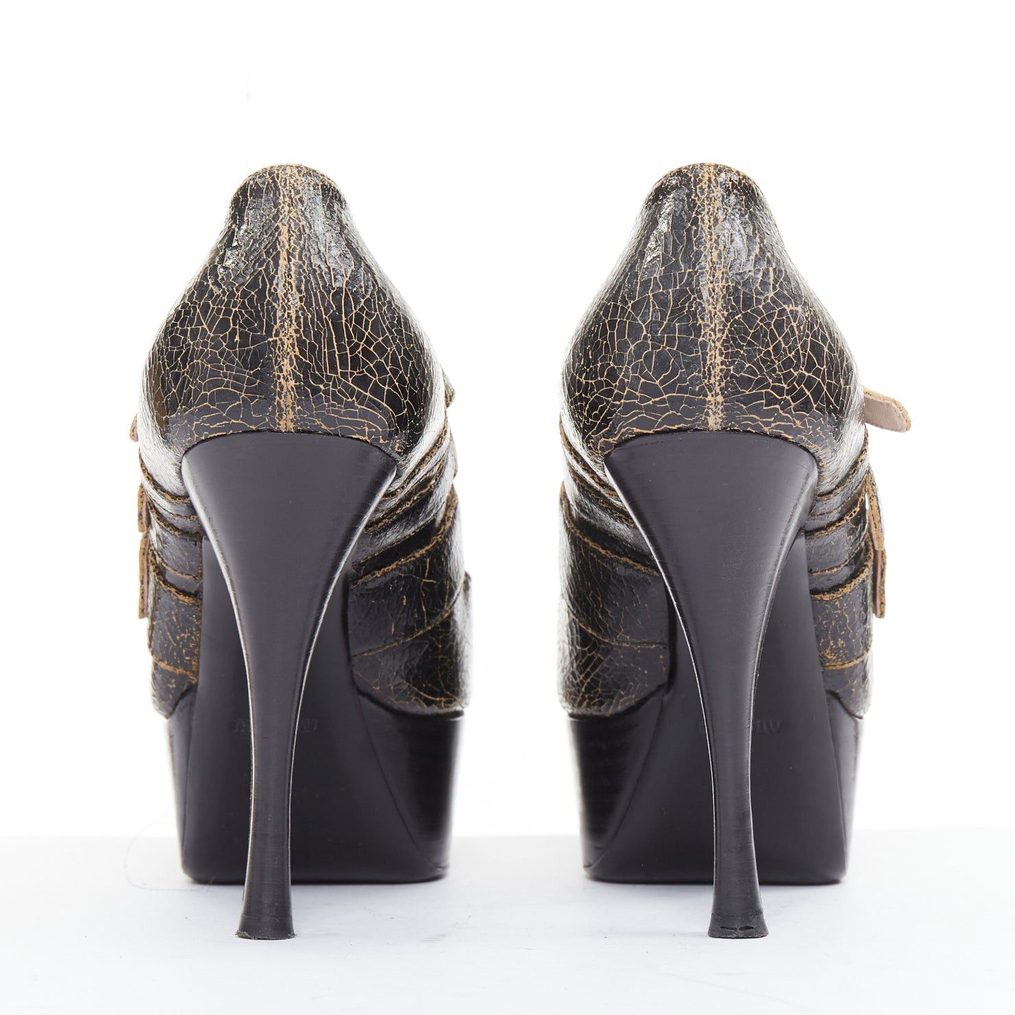 Miu Miu MIU MIU dark brown cracked effect leather triple strap platform heels EU37 Size US 7 / IT 37 - 5 Thumbnail