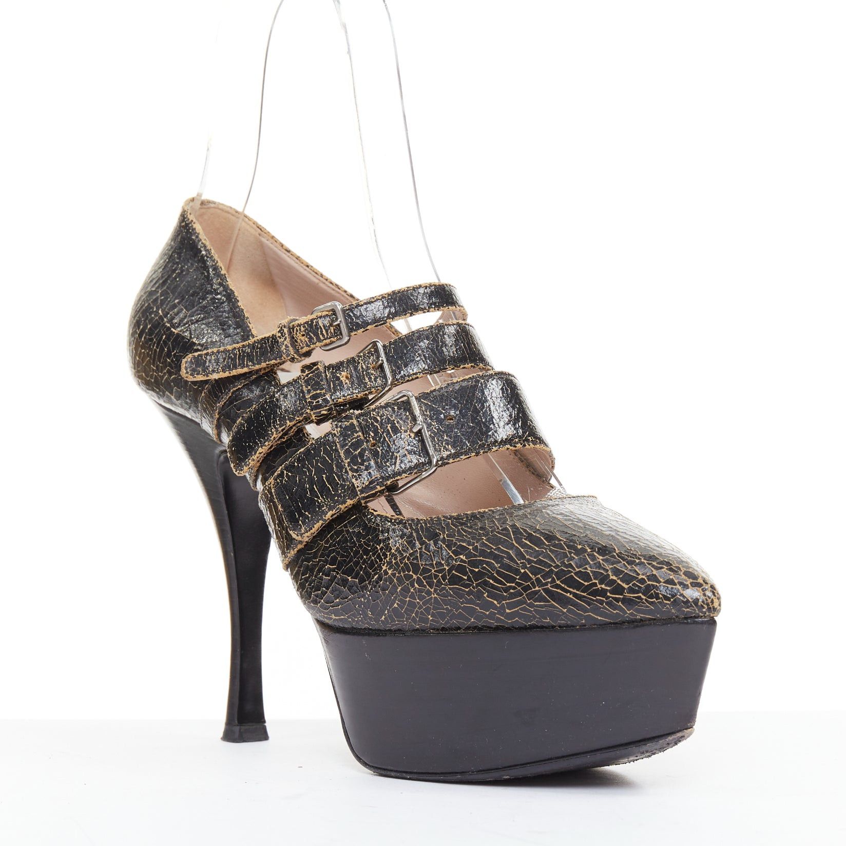 Miu Miu MIU MIU dark brown cracked effect leather triple strap platform heels EU37 Size US 7 / IT 37 - 2 Thumbnail