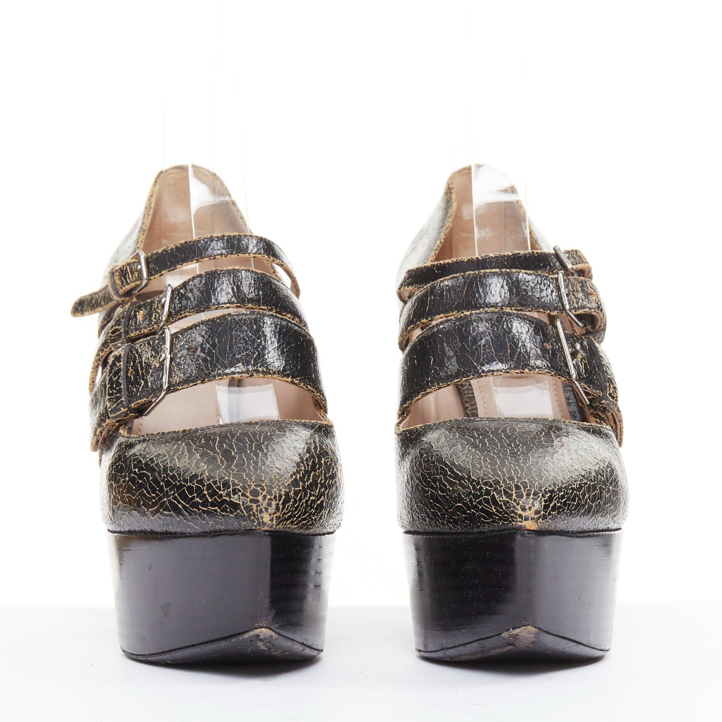 Miu Miu MIU MIU dark brown cracked effect leather triple strap platform heels EU37 Size US 7 / IT 37 - 3 Thumbnail