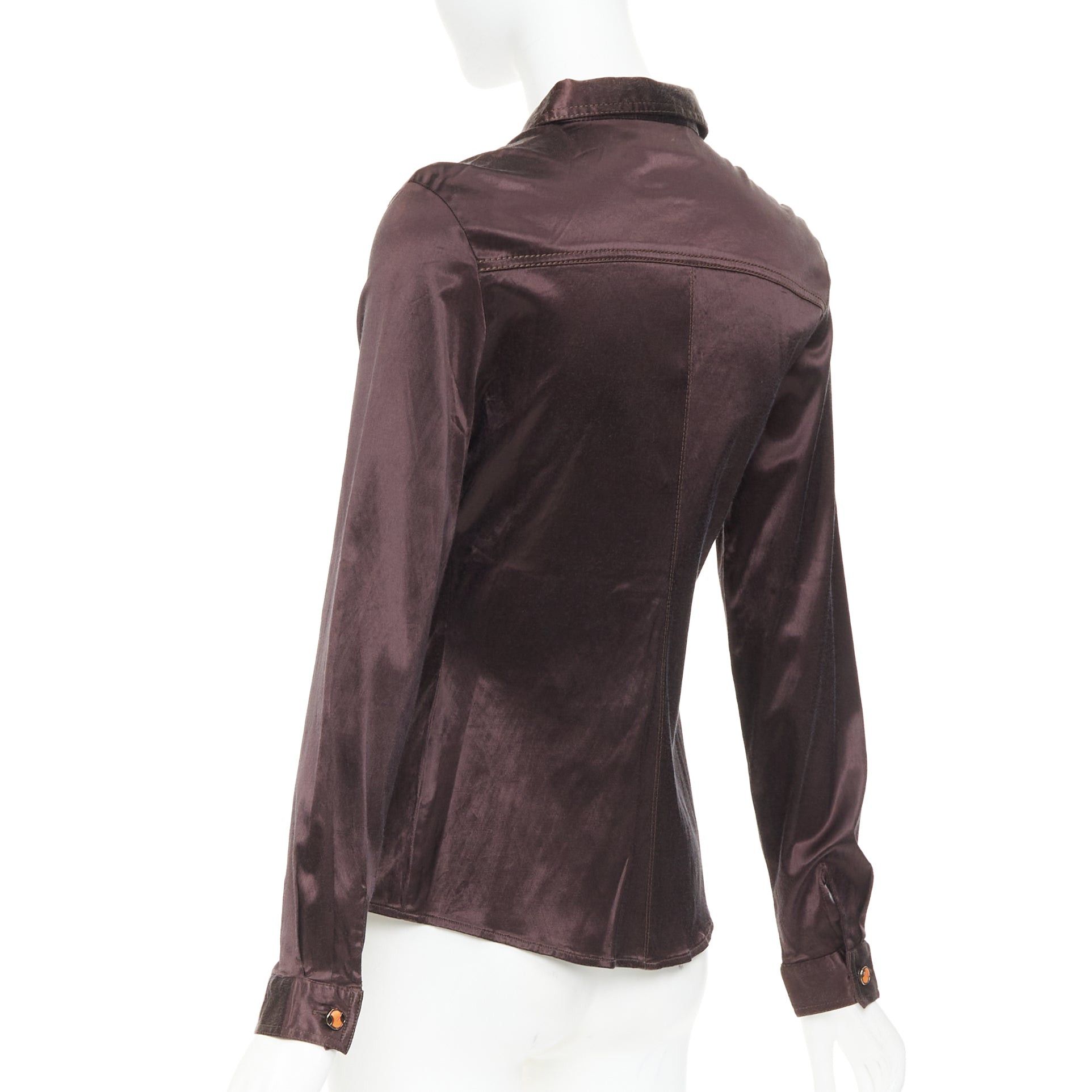 Fendi FENDI JEANS Vintage chocolate brown satin FF logo buttons fitted dress shirt Size XS / US 0-2 / IT 36-38 - 6 Thumbnail