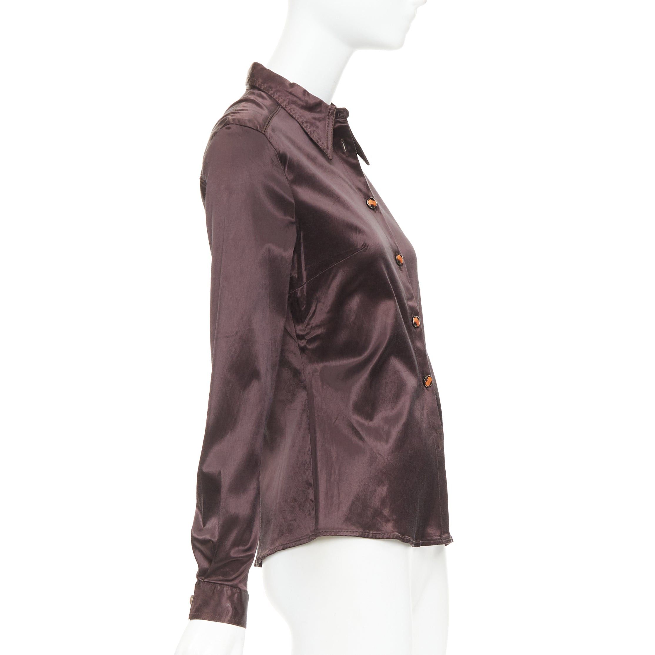 Fendi FENDI JEANS Vintage chocolate brown satin FF logo buttons fitted dress shirt Size XS / US 0-2 / IT 36-38 - 4 Thumbnail