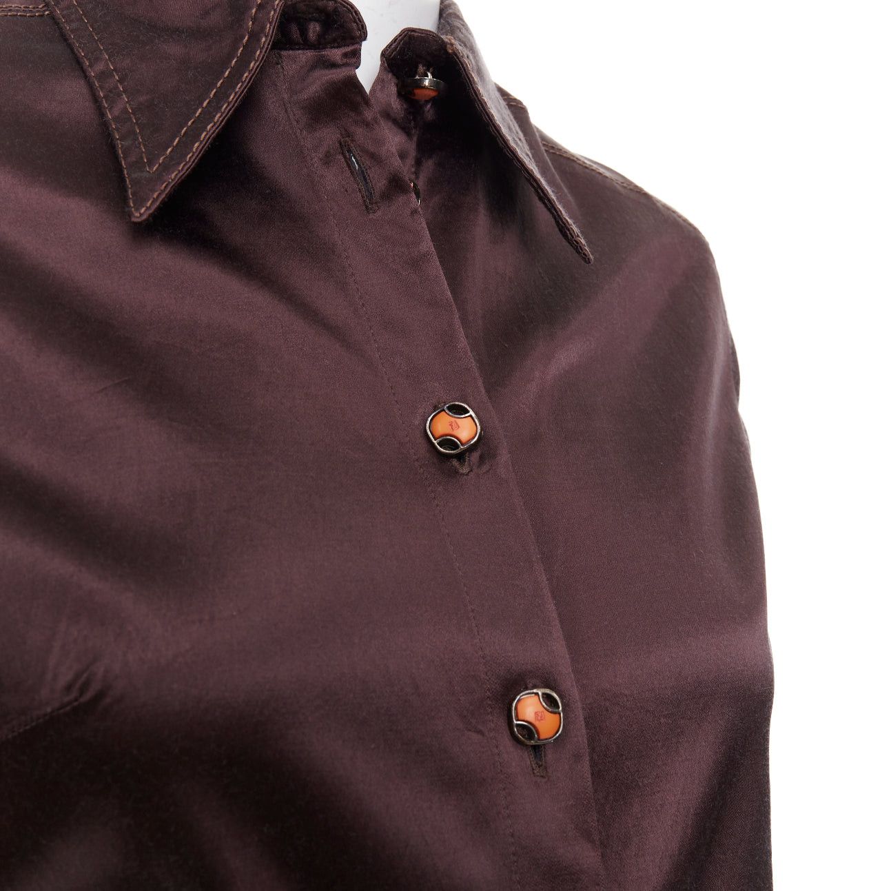 Fendi FENDI JEANS Vintage chocolate brown satin FF logo buttons fitted dress shirt Size XS / US 0-2 / IT 36-38 - 2 Thumbnail
