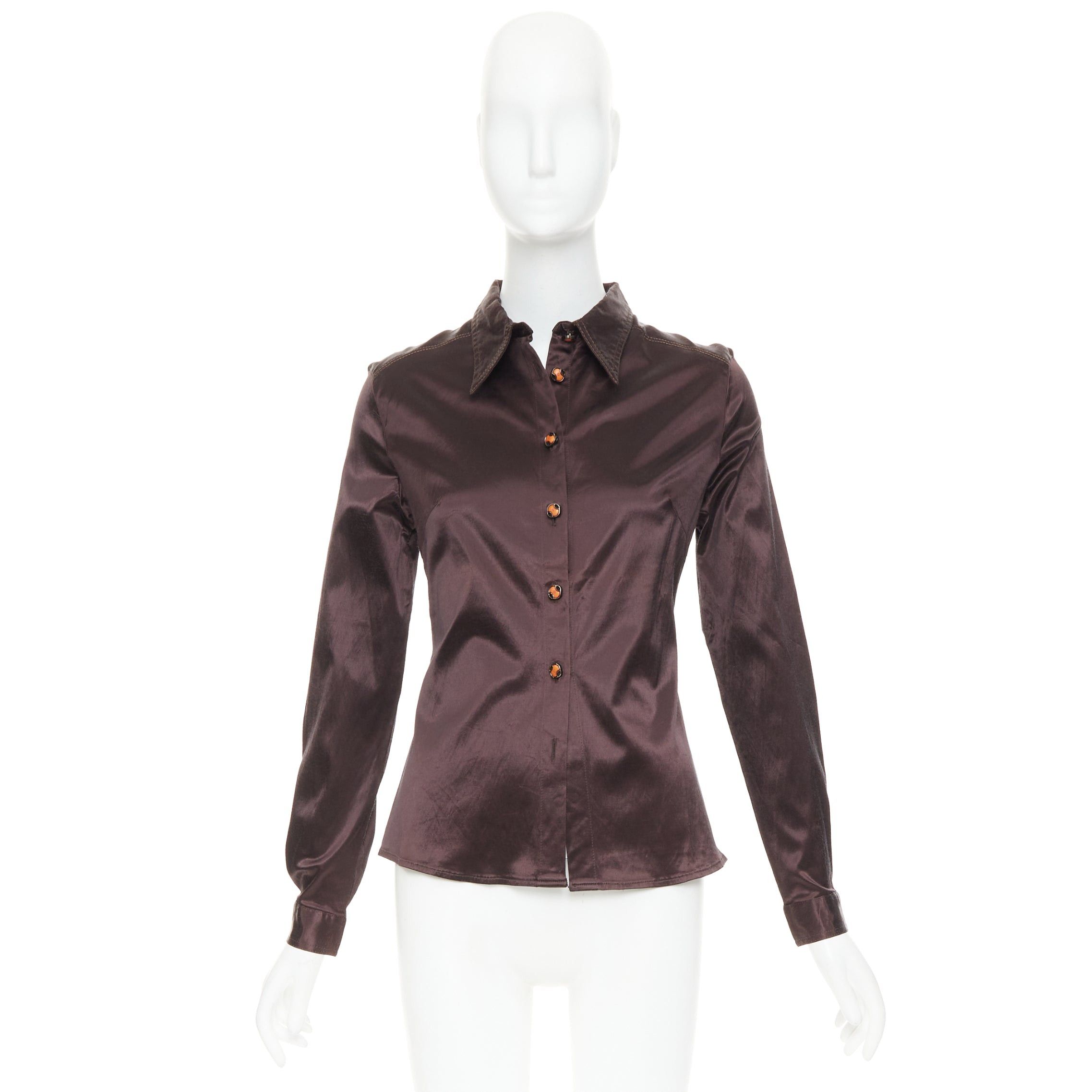 Fendi FENDI JEANS Vintage chocolate brown satin FF logo buttons fitted dress shirt Size XS / US 0-2 / IT 36-38 - 10 Thumbnail