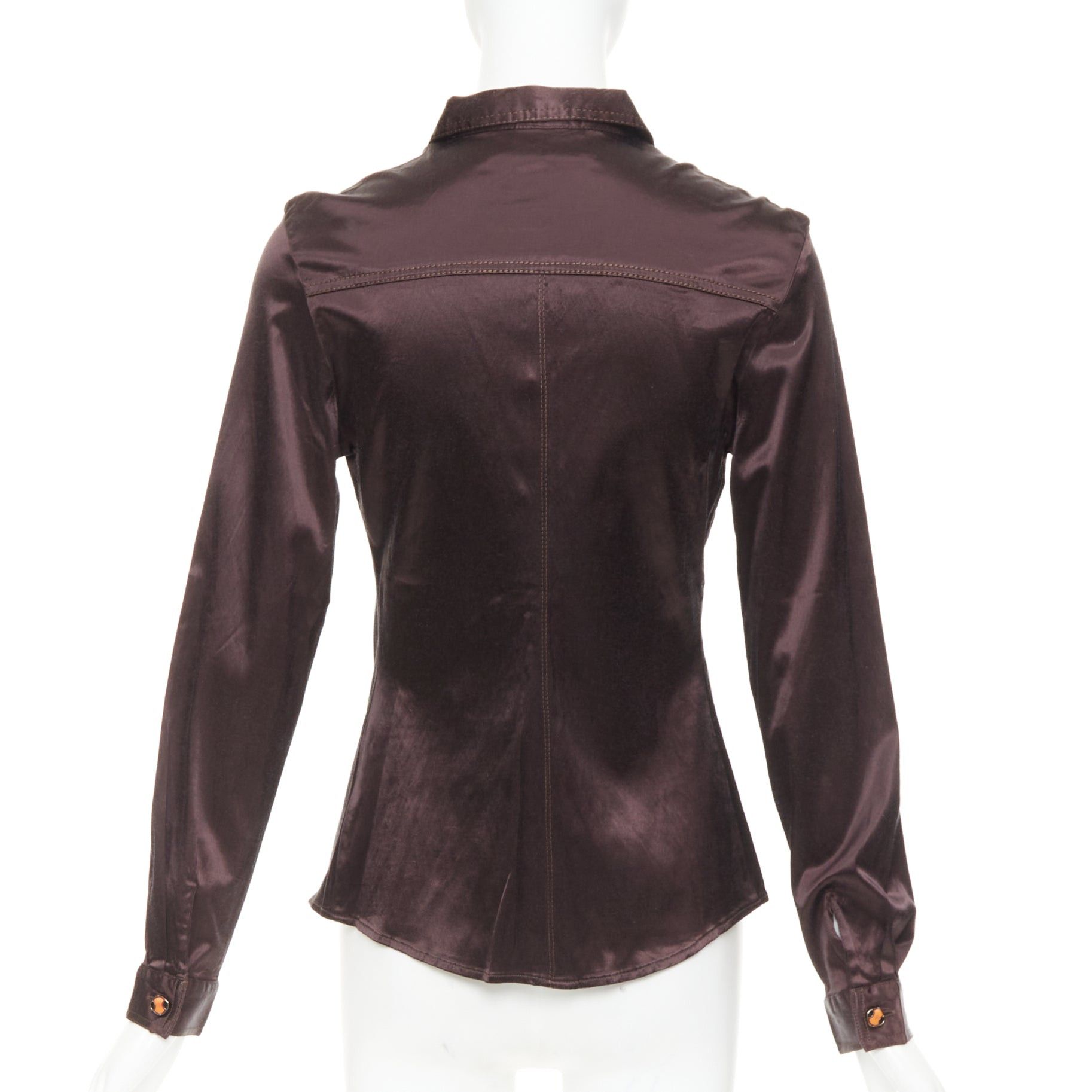 Fendi FENDI JEANS Vintage chocolate brown satin FF logo buttons fitted dress shirt Size XS / US 0-2 / IT 36-38 - 5 Thumbnail