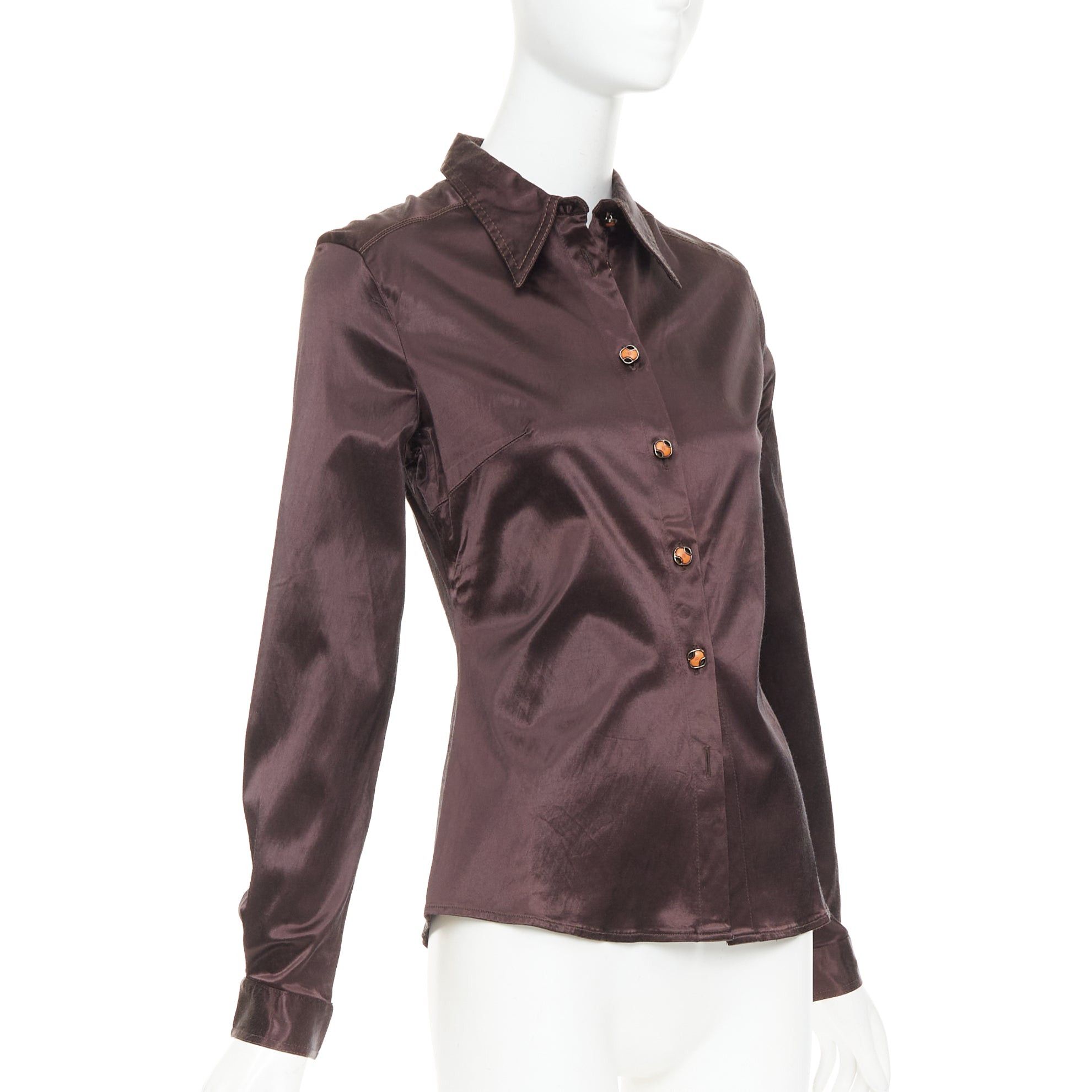 Fendi FENDI JEANS Vintage chocolate brown satin FF logo buttons fitted dress shirt Size XS / US 0-2 / IT 36-38 - 3 Thumbnail