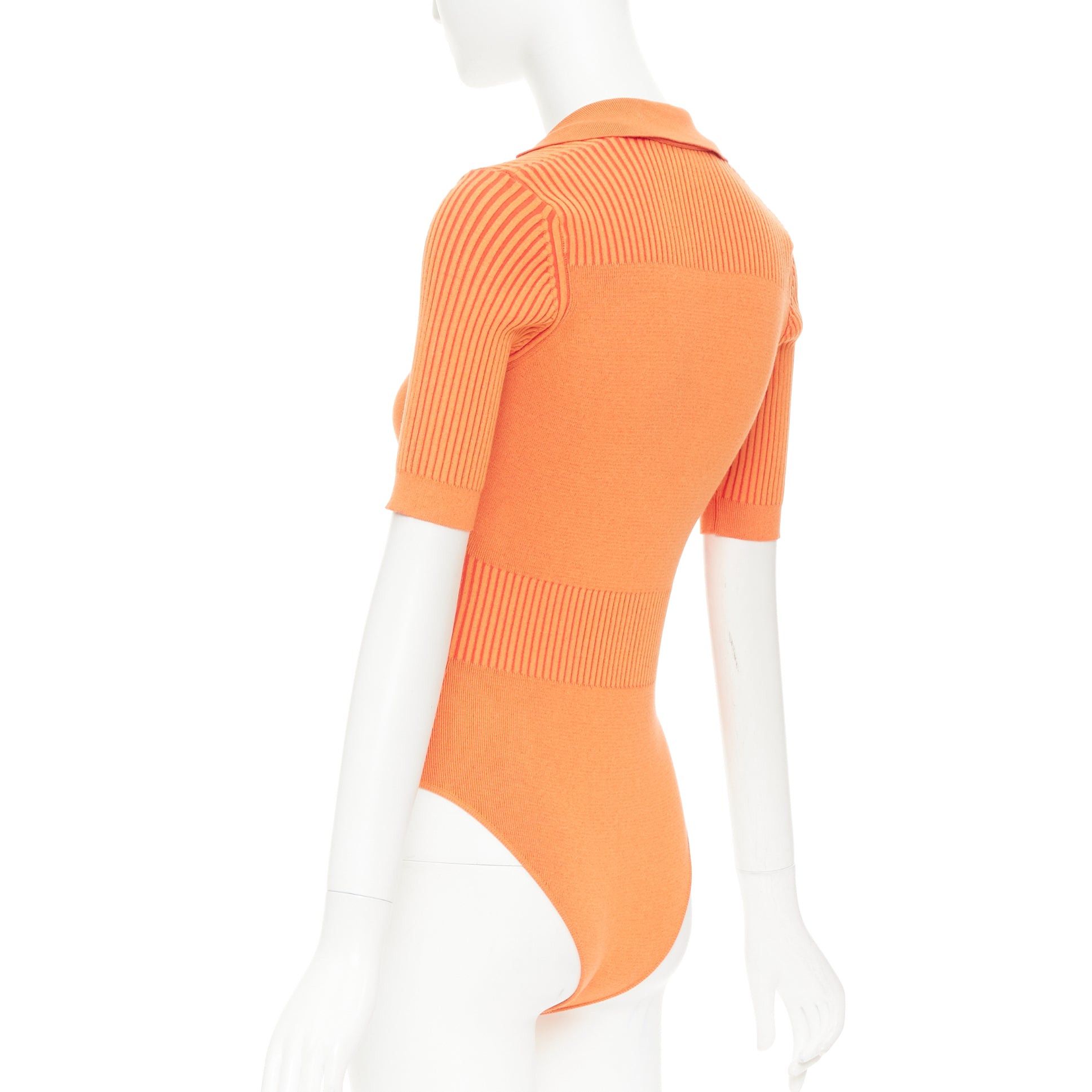 Jacquemus JACQUEMUS Le Body Yauco orange ribbed knit plunge polo bodysuit top FR36 S Size S / US 4 / IT 40 - 6 Thumbnail