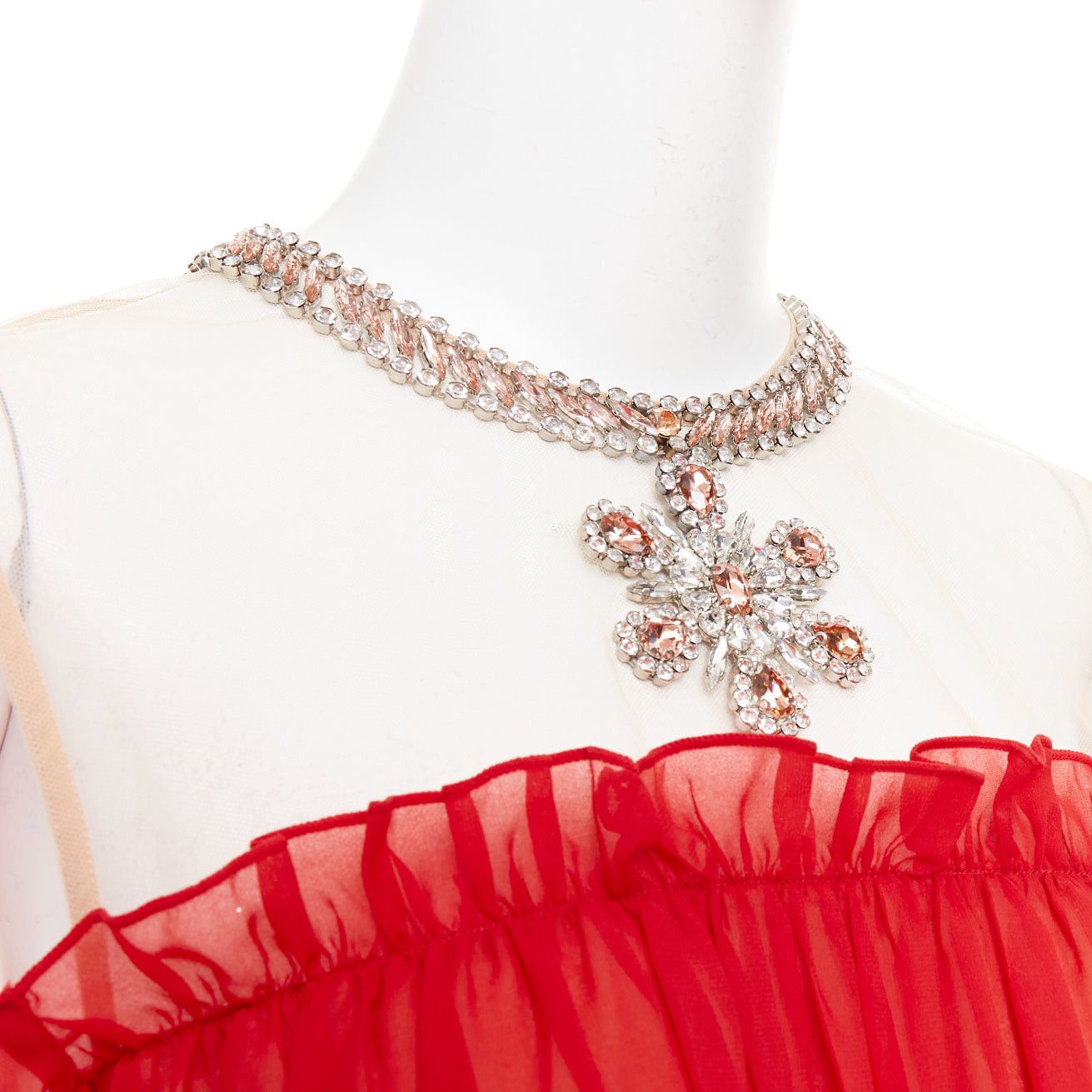 Giambattista Valli GIAMBATTISTA VALLI H&M 2019 Runway red cold shoulder chiffon crystal necklace mini dress IT40 XS Size S / US 4 / IT 40 - 2 Thumbnail
