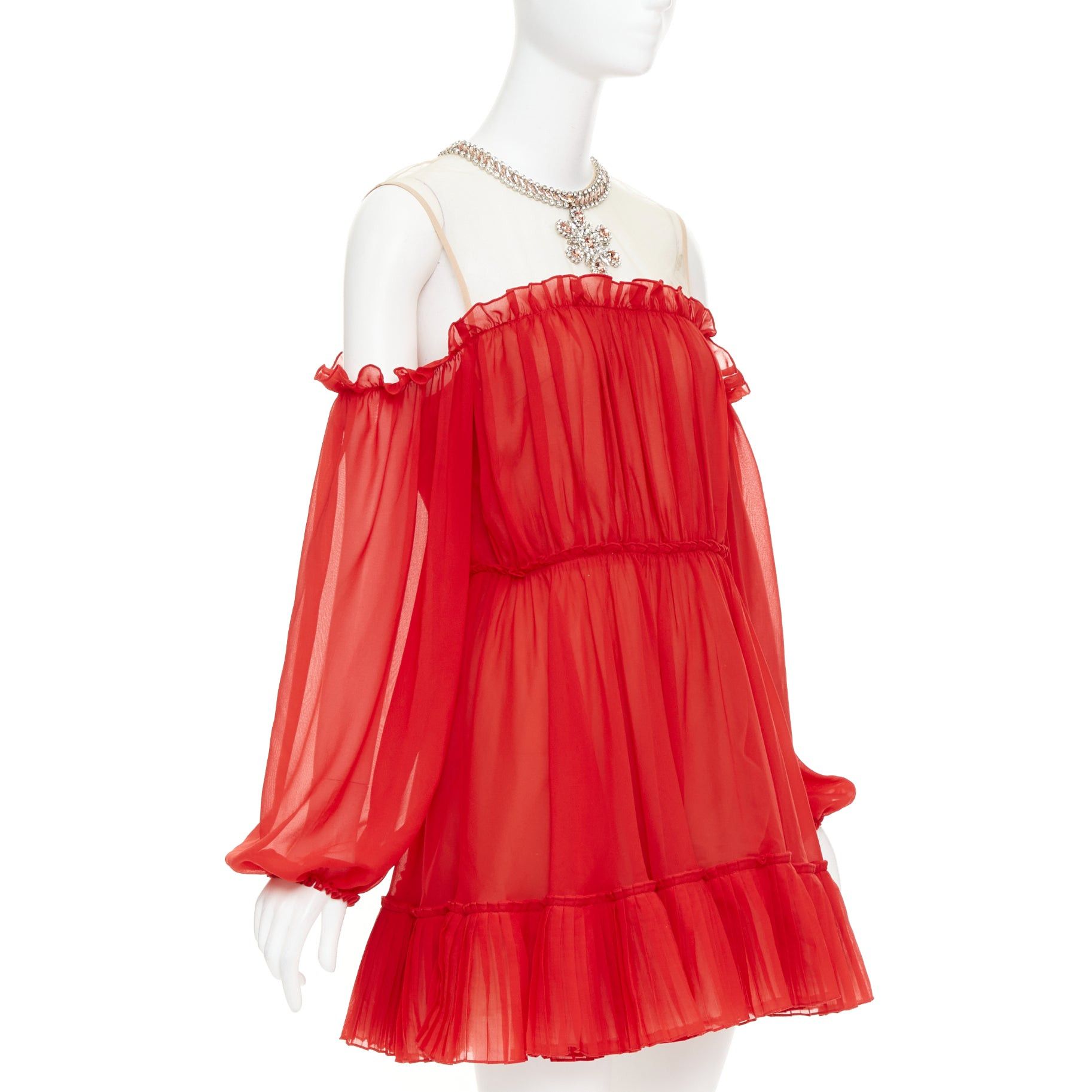 Giambattista Valli GIAMBATTISTA VALLI H&M 2019 Runway red cold shoulder chiffon crystal necklace mini dress IT40 XS Size S / US 4 / IT 40 - 3 Thumbnail