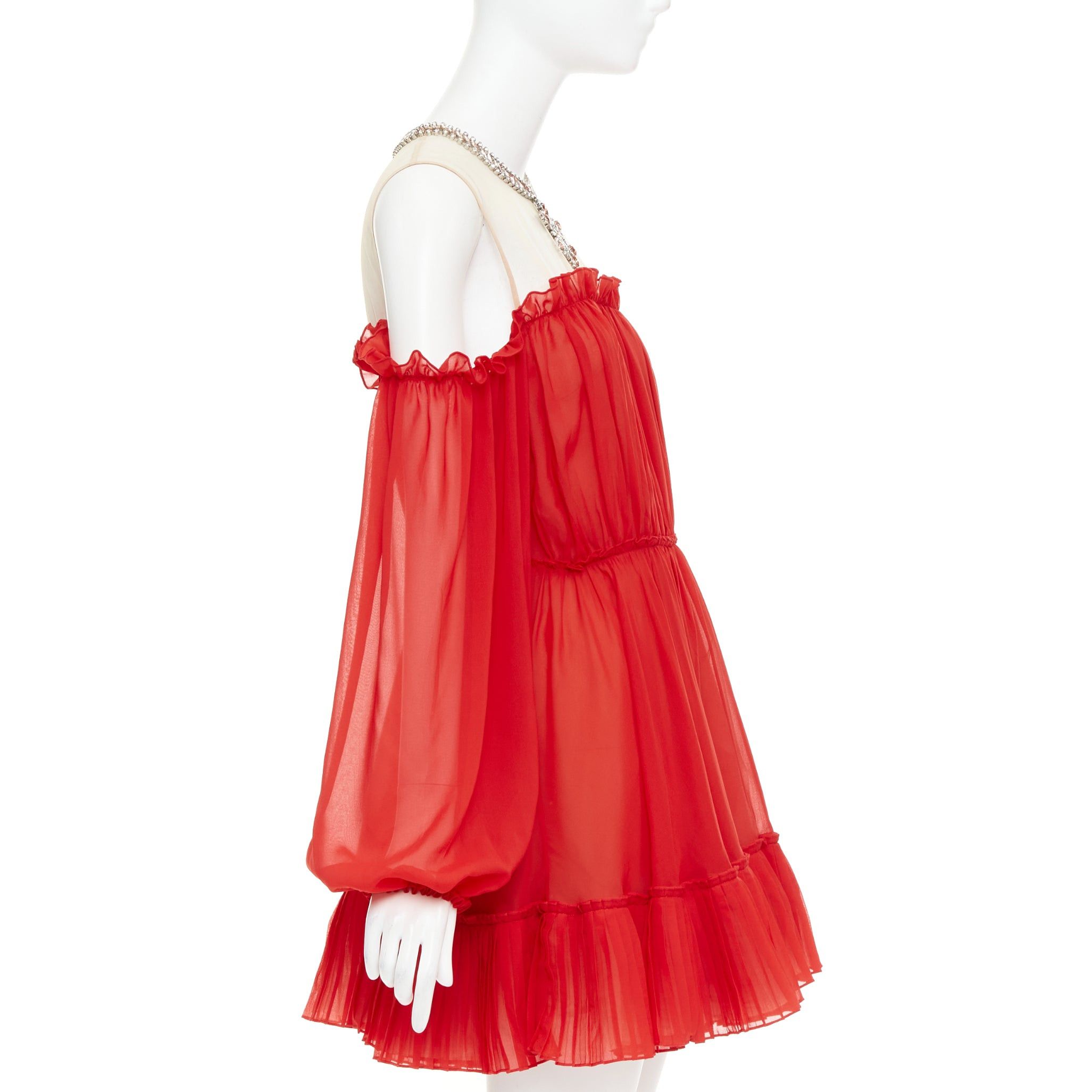 Giambattista Valli GIAMBATTISTA VALLI H&M 2019 Runway red cold shoulder chiffon crystal necklace mini dress IT40 XS Size S / US 4 / IT 40 - 4 Thumbnail