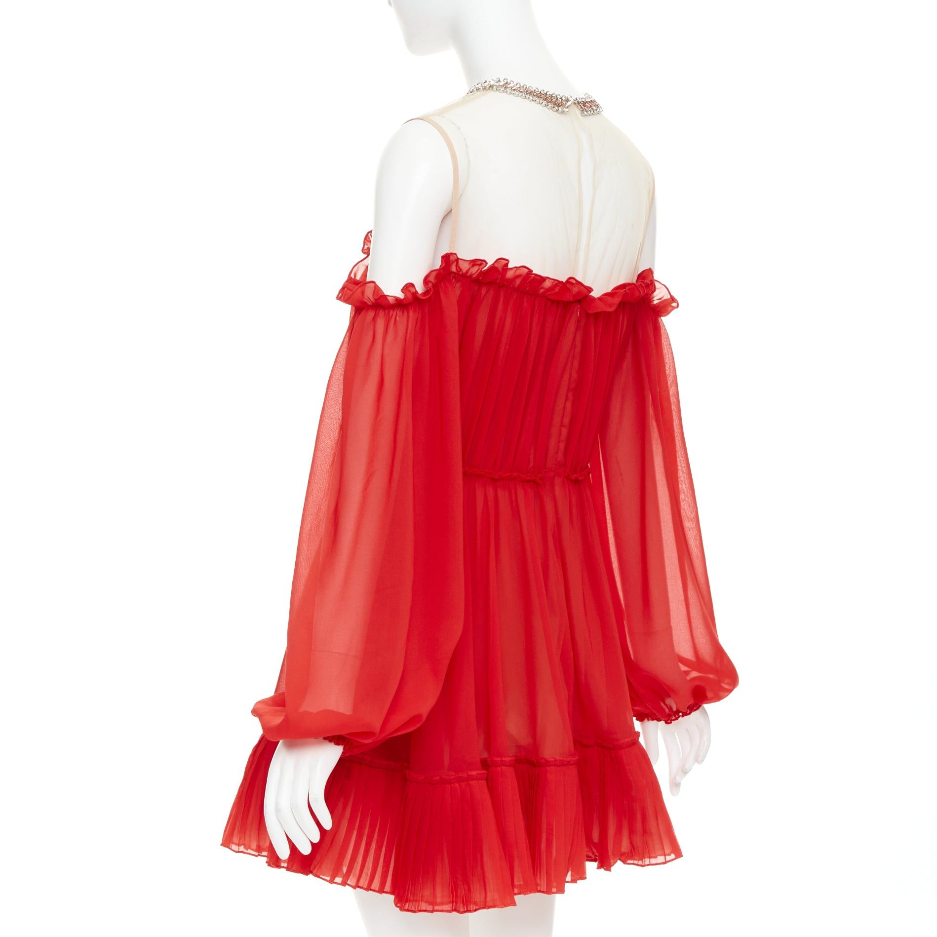 Giambattista Valli GIAMBATTISTA VALLI H&M 2019 Runway red cold shoulder chiffon crystal necklace mini dress IT40 XS Size S / US 4 / IT 40 - 6 Thumbnail