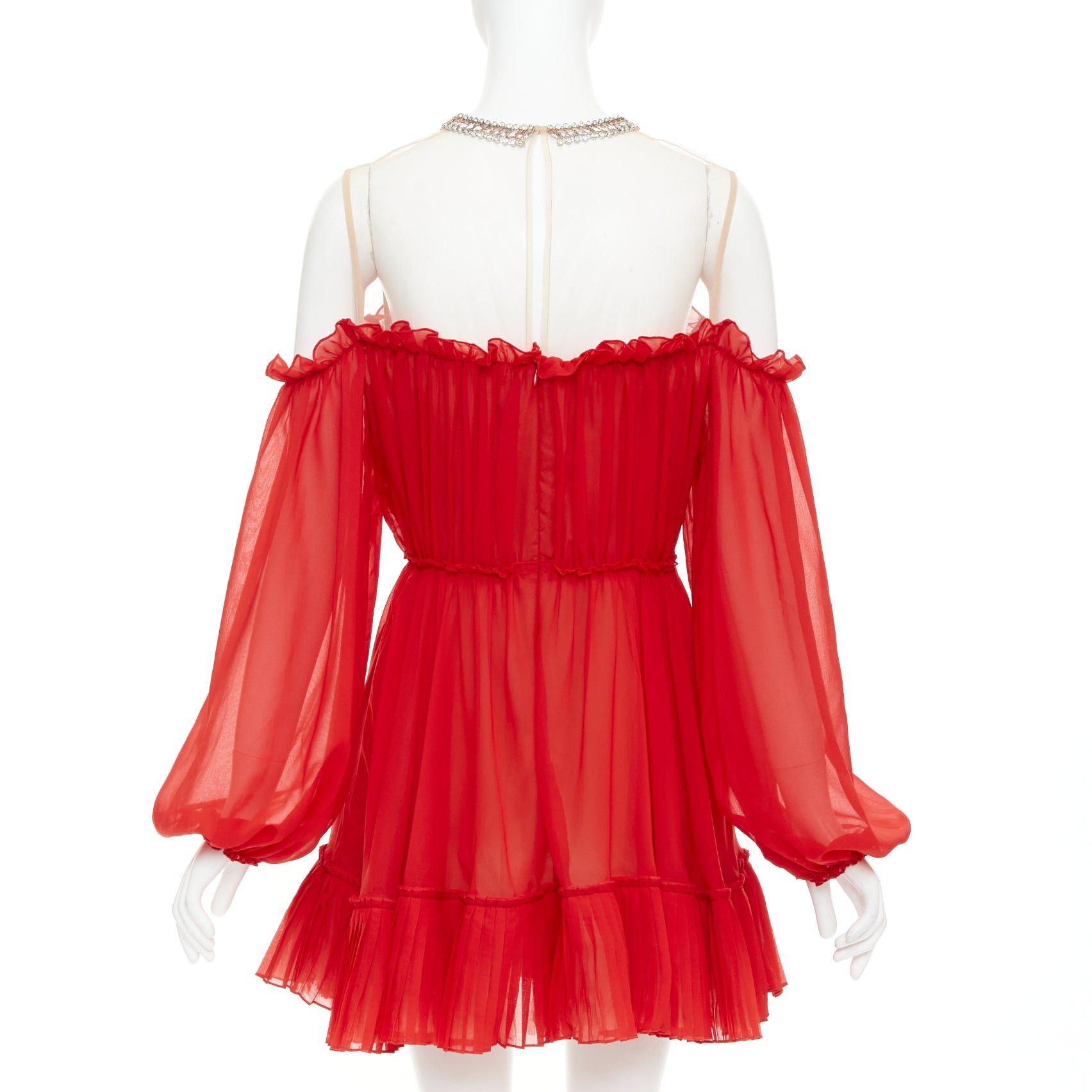 Giambattista Valli GIAMBATTISTA VALLI H&M 2019 Runway red cold shoulder chiffon crystal necklace mini dress IT40 XS Size S / US 4 / IT 40 - 5 Thumbnail