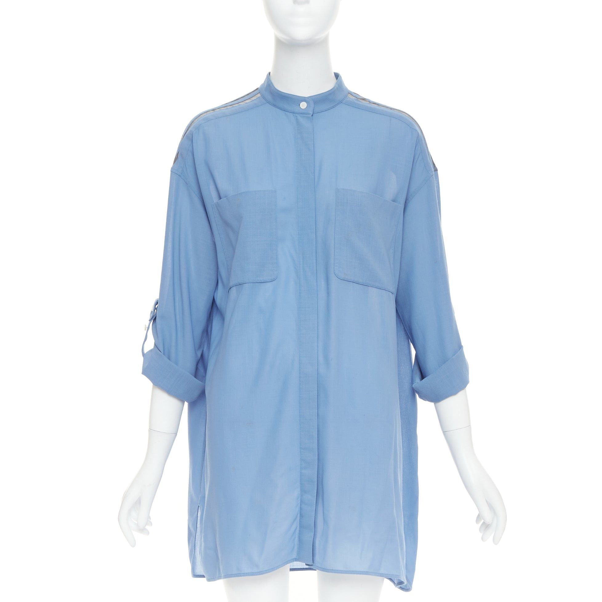 Hermes HERMES blue virgin wool band collar rolled tab sleeves tunic shirt dress FR36 S Size S / US 4 / IT 40 - 3 Thumbnail
