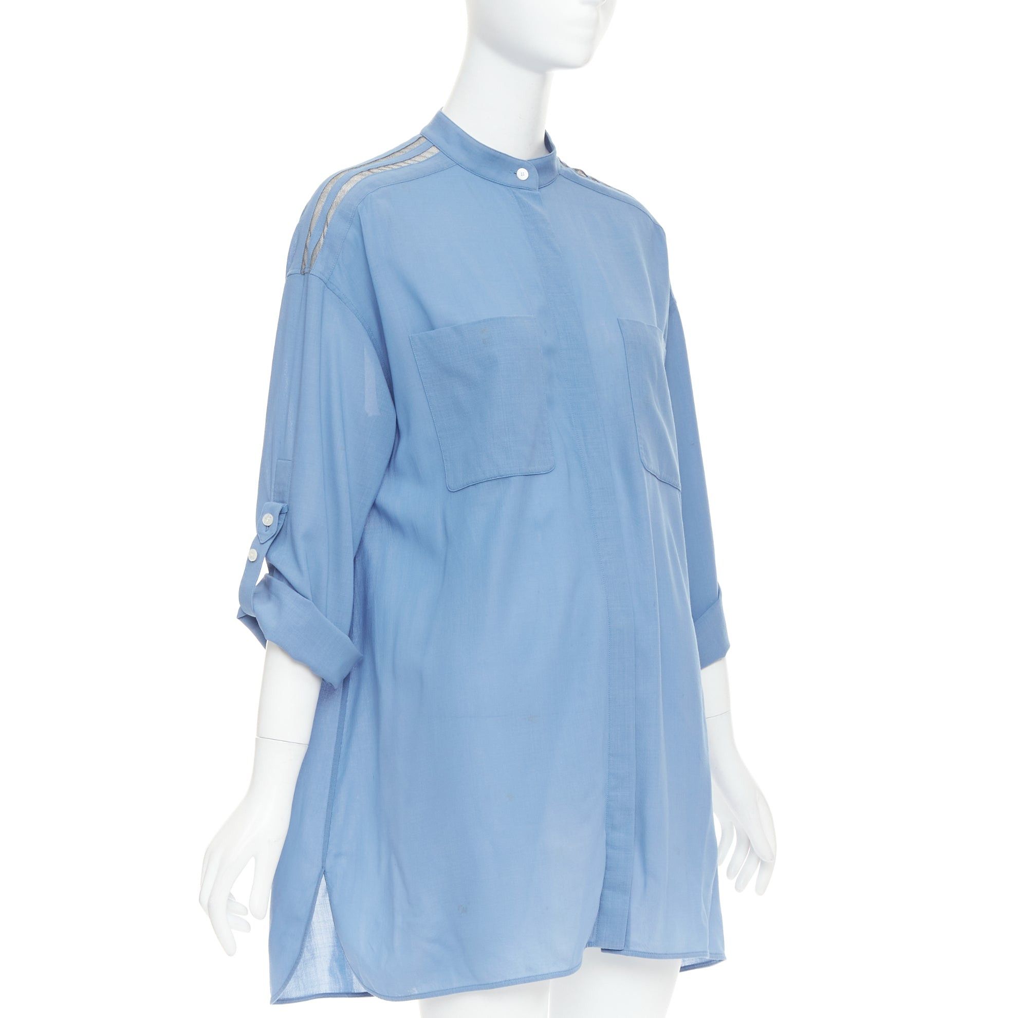 Hermes HERMES blue virgin wool band collar rolled tab sleeves tunic shirt dress FR36 S Size S / US 4 / IT 40 - 4 Thumbnail