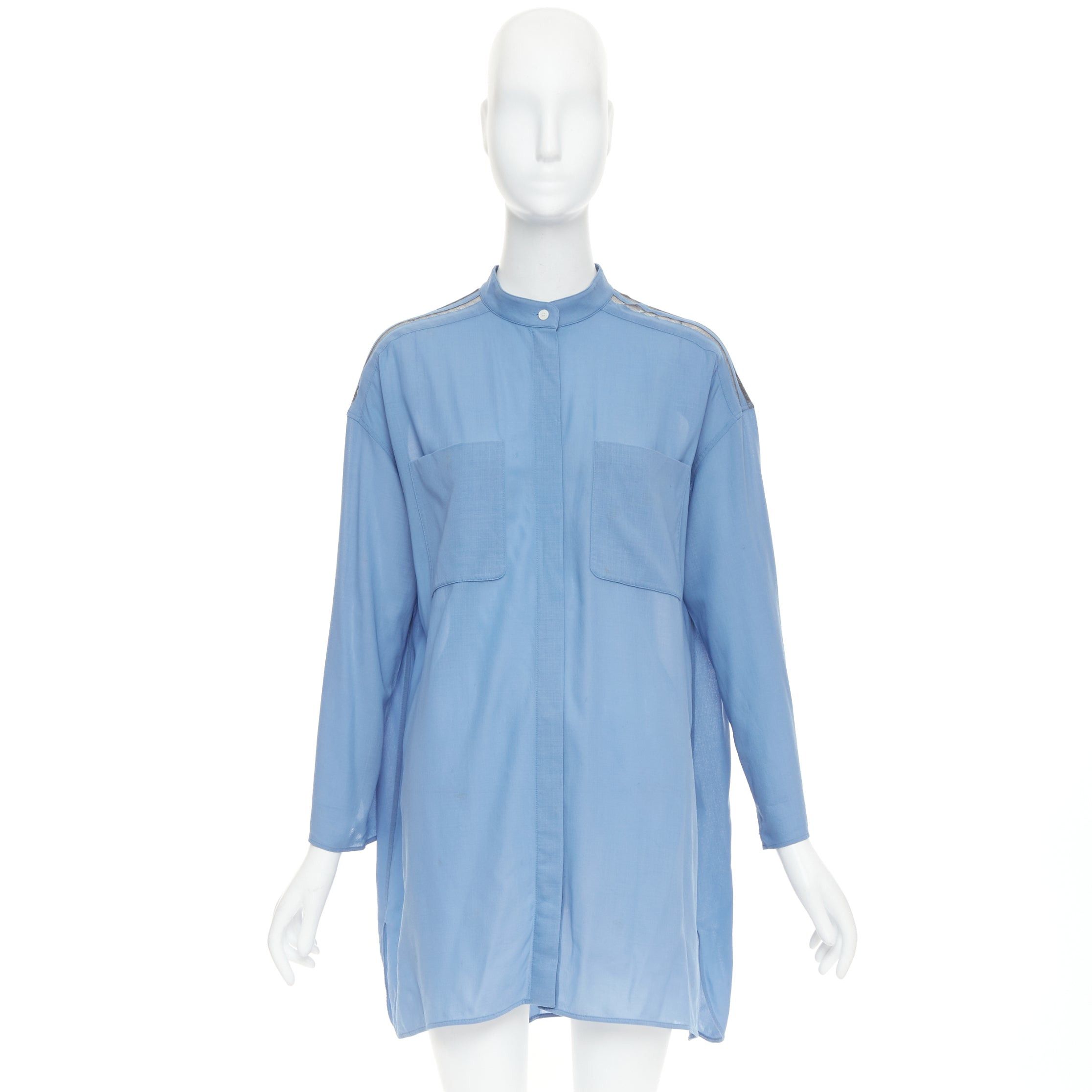 Hermes HERMES blue virgin wool band collar rolled tab sleeves tunic shirt dress FR36 S Size S / US 4 / IT 40 - 11 Thumbnail