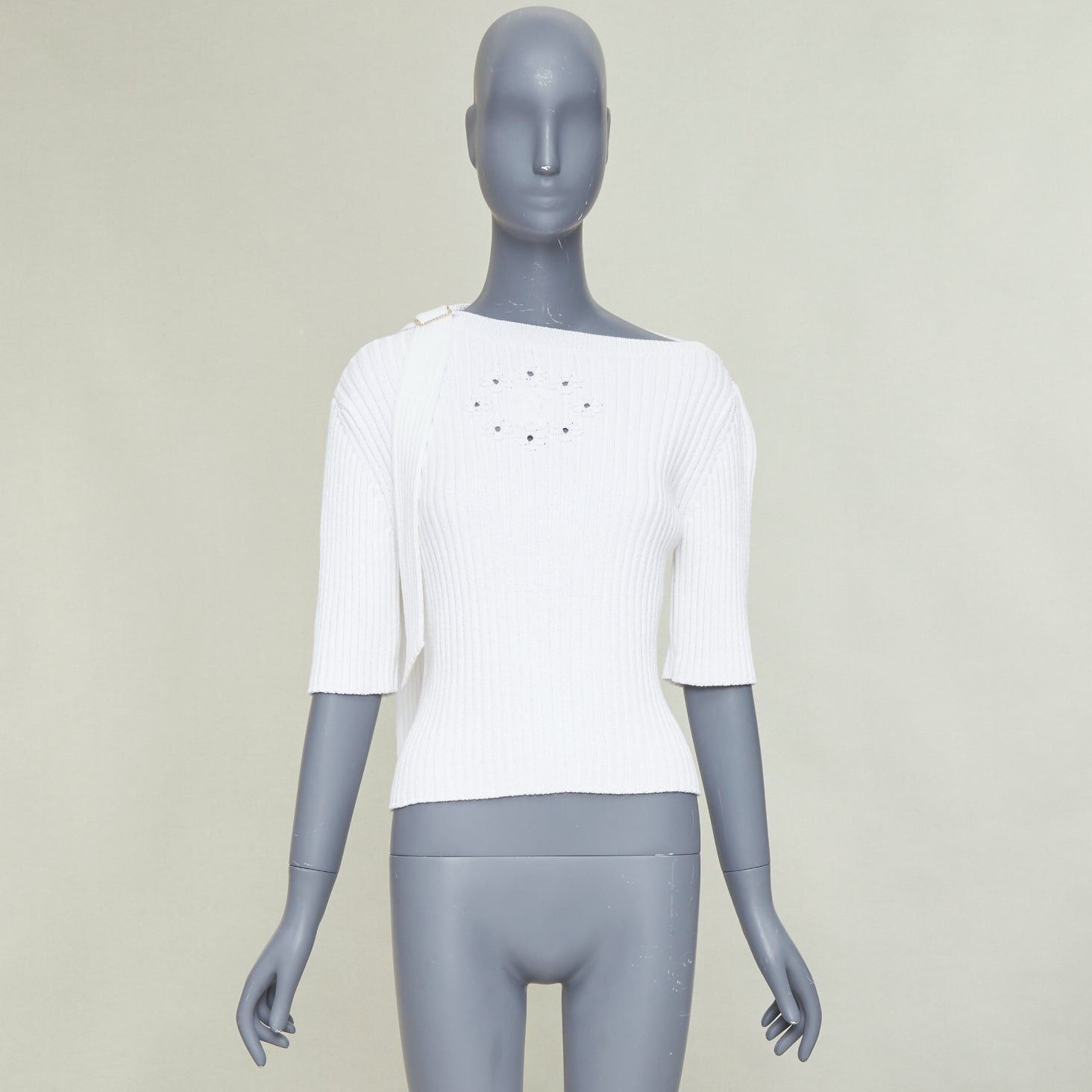 Chanel CHANEL white ribbed cotton knit CC logo buckle sash sweater FR36 S Size S / US 4 / IT 40 - 10 Thumbnail