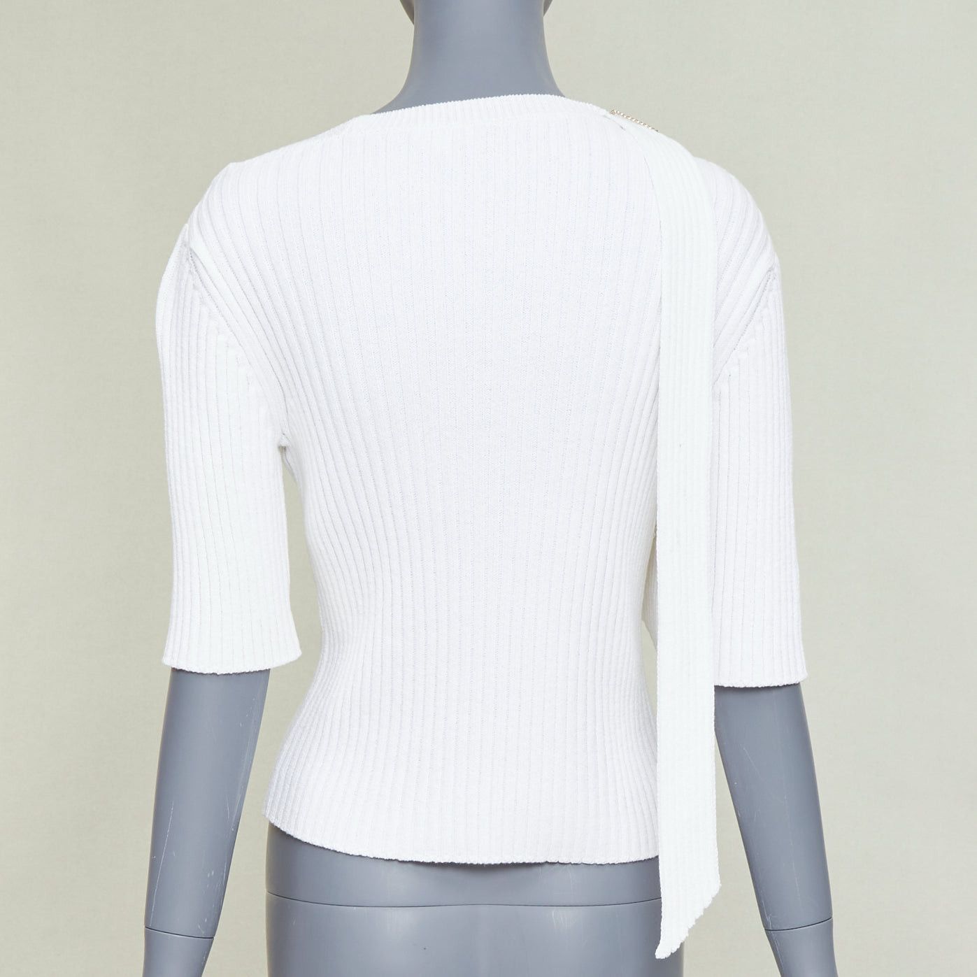 Chanel CHANEL white ribbed cotton knit CC logo buckle sash sweater FR36 S Size S / US 4 / IT 40 - 5 Thumbnail