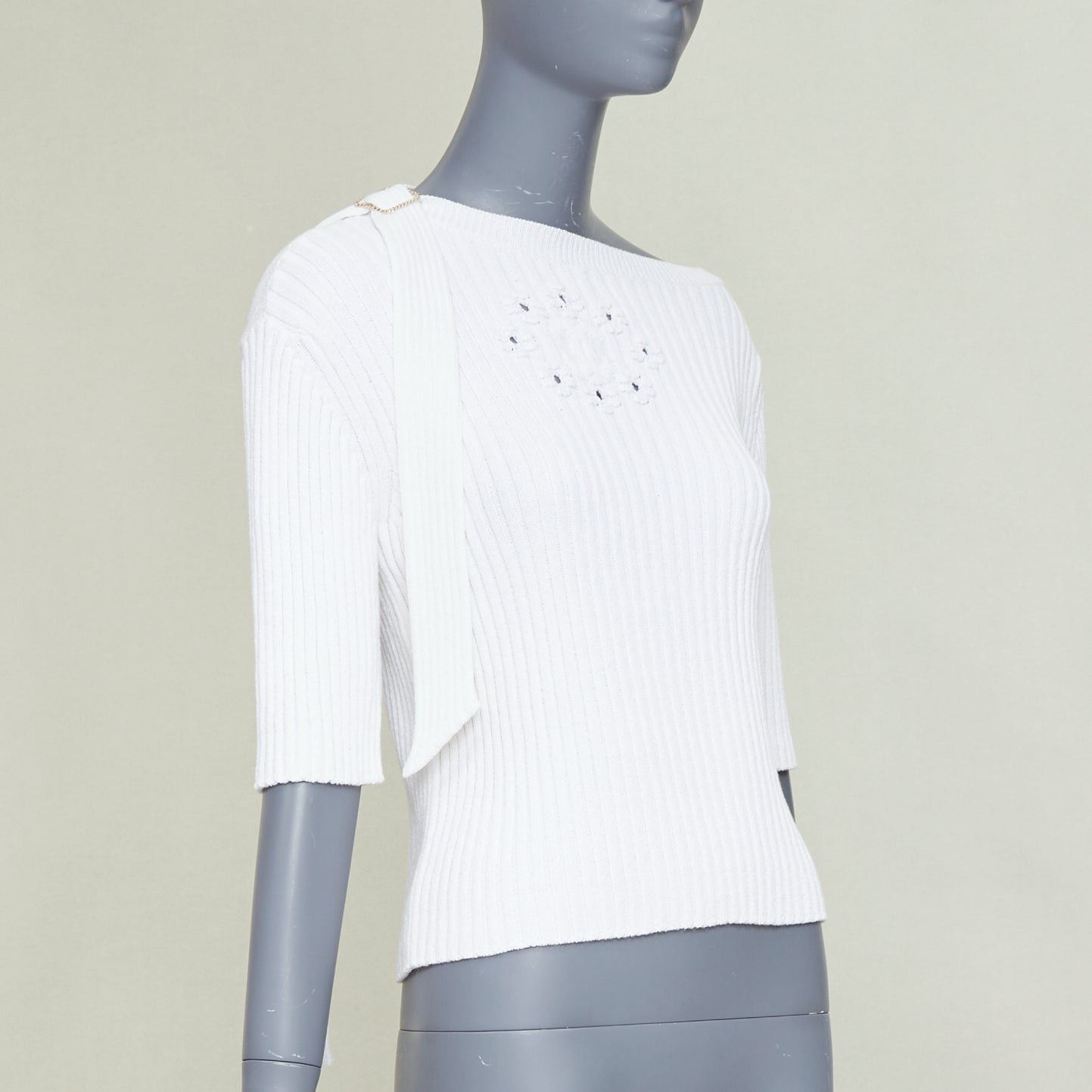 Chanel CHANEL white ribbed cotton knit CC logo buckle sash sweater FR36 S Size S / US 4 / IT 40 - 3 Thumbnail