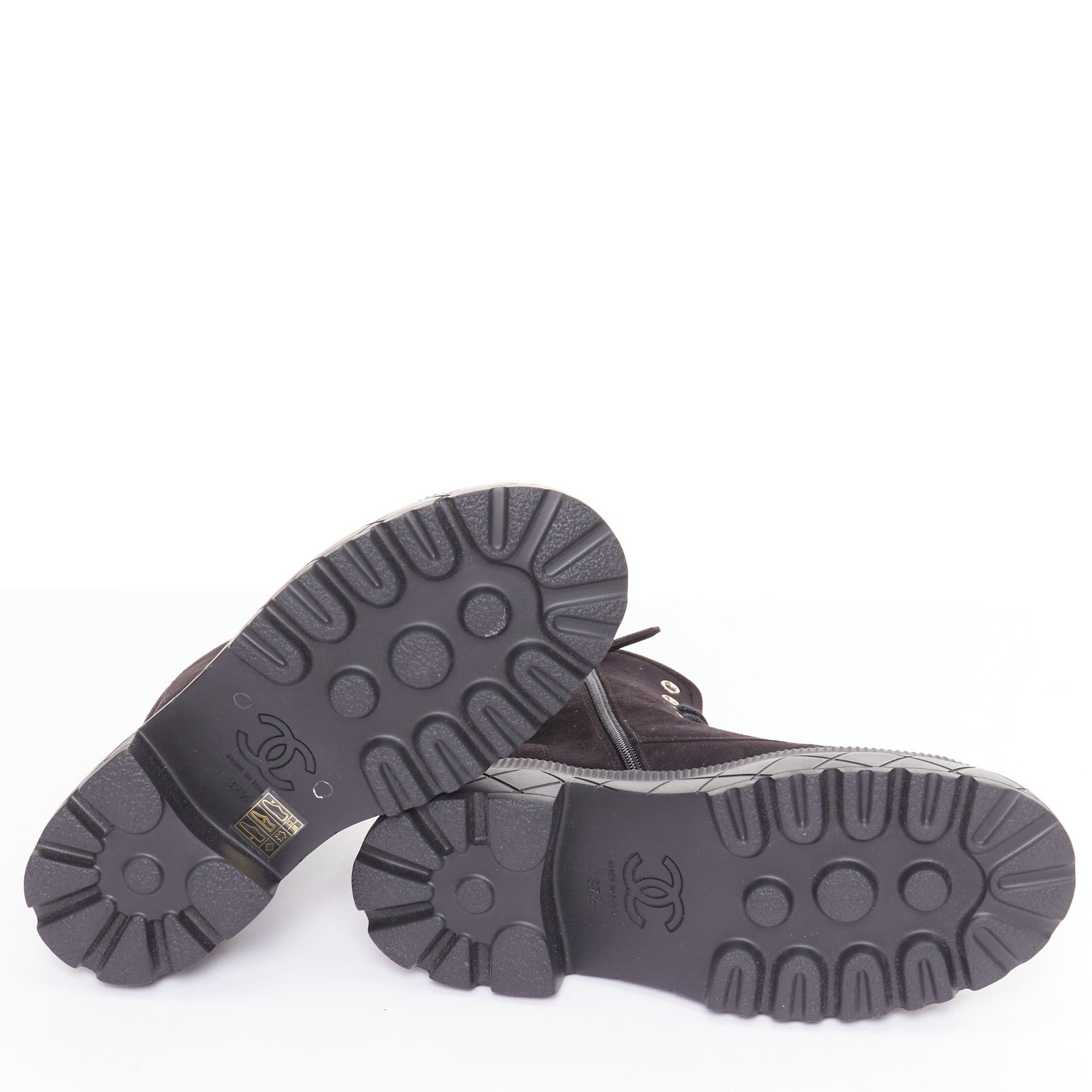 Chanel CHANEL 2023 black quilted suede silver CC cap toe platform laced combat boots EU37.5 Size US 7.5 / IT 37.5 - 10 Thumbnail