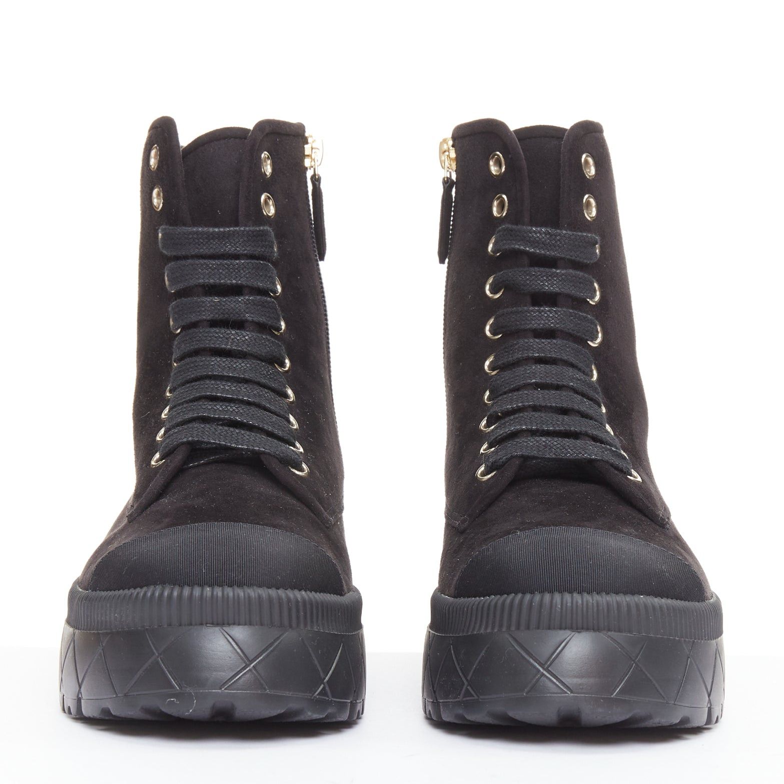 Chanel CHANEL 2023 black quilted suede silver CC cap toe platform laced combat boots EU37.5 Size US 7.5 / IT 37.5 - 3 Thumbnail