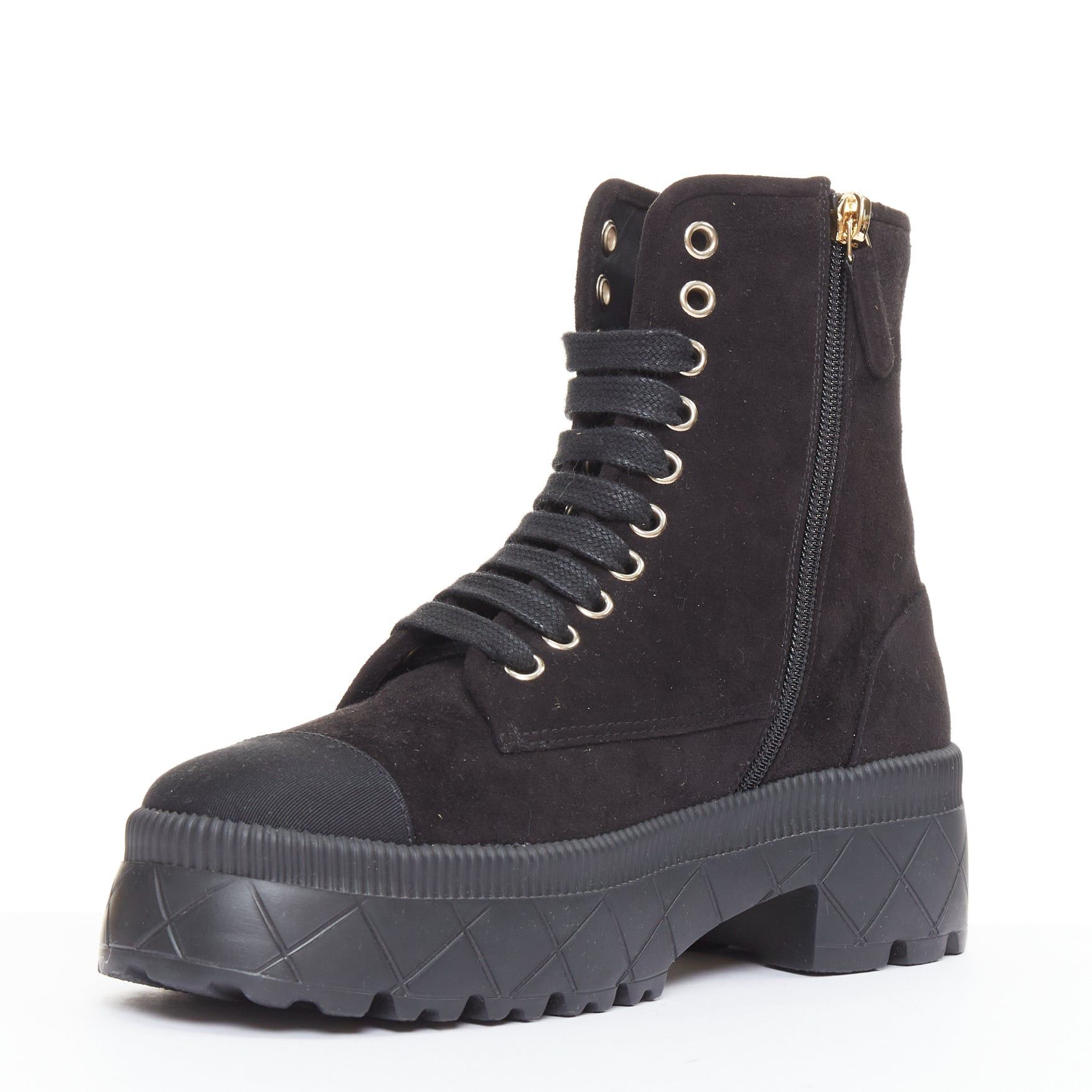 Chanel CHANEL 2023 black quilted suede silver CC cap toe platform laced combat boots EU37.5 Size US 7.5 / IT 37.5 - 4 Thumbnail