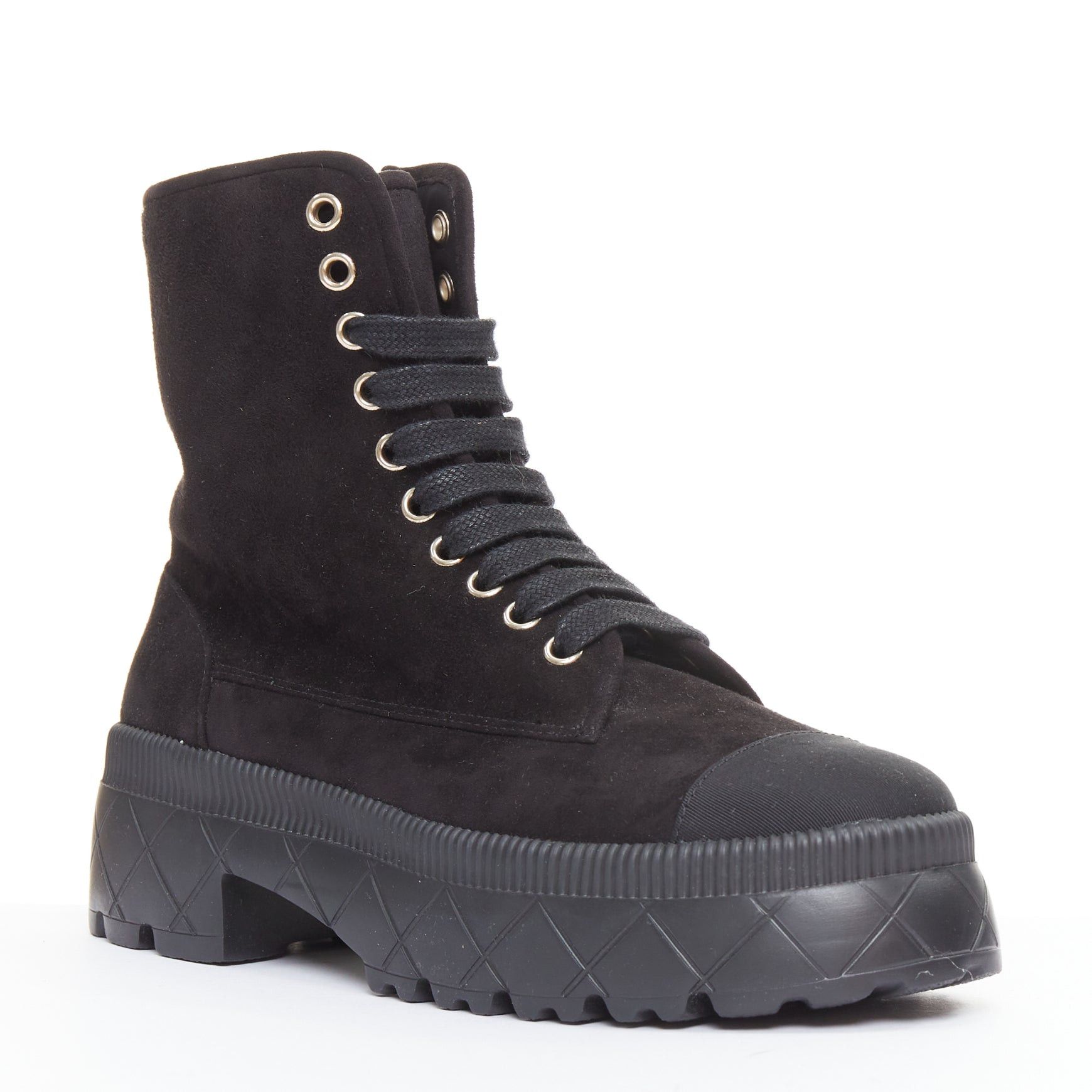 Chanel CHANEL 2023 black quilted suede silver CC cap toe platform laced combat boots EU37.5 Size US 7.5 / IT 37.5 - 2 Thumbnail