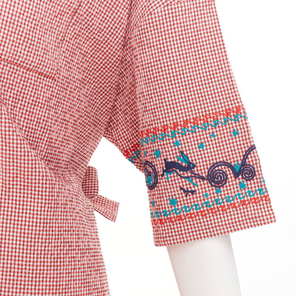 Hermes HERMES Sur La Pouce red gingham cotton blend embroidered pajama shirt shorts set FR34 XS Size XS / US 0-2 / IT 36-38 - 2 Thumbnail