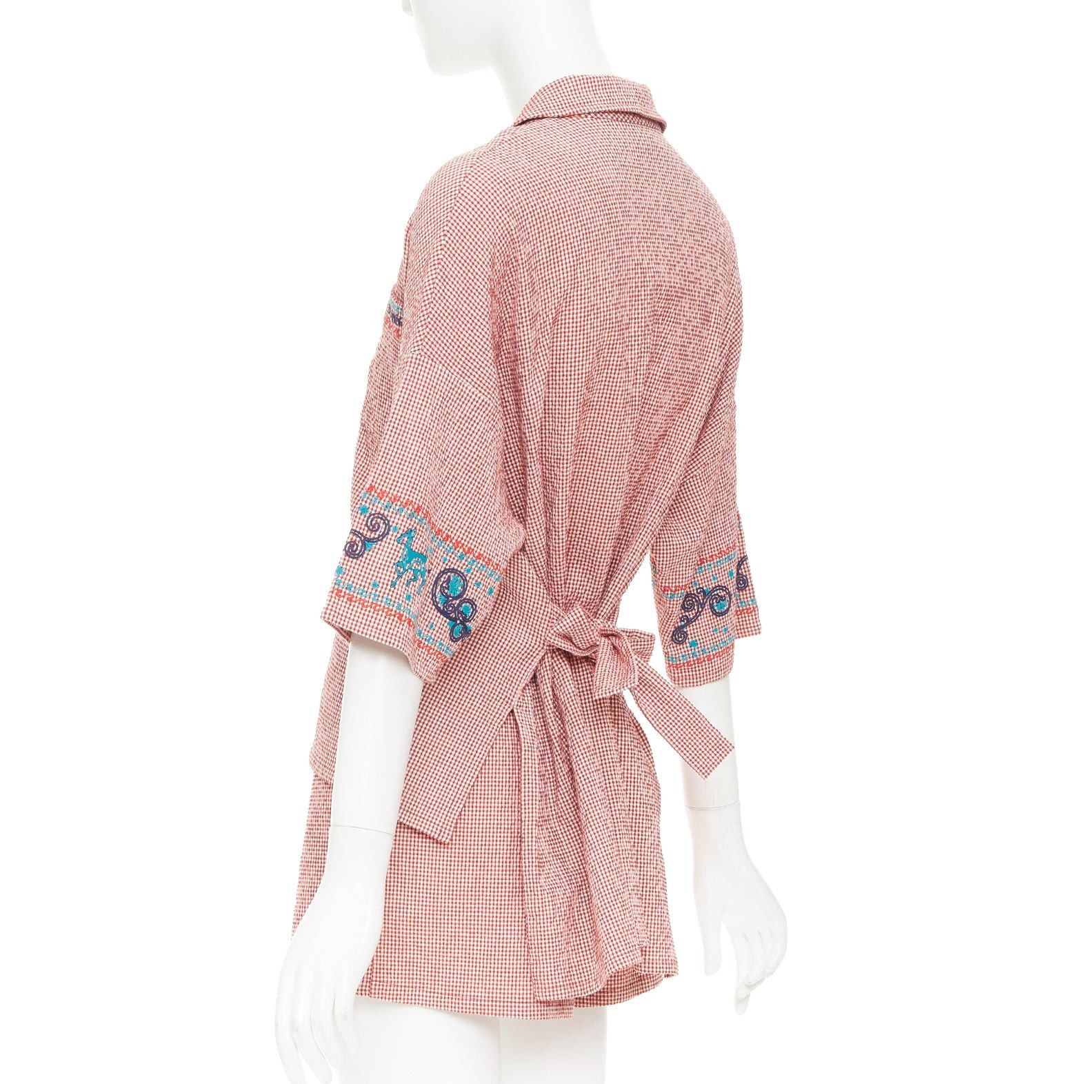 Hermes HERMES Sur La Pouce red gingham cotton blend embroidered pajama shirt shorts set FR34 XS Size XS / US 0-2 / IT 36-38 - 6 Thumbnail