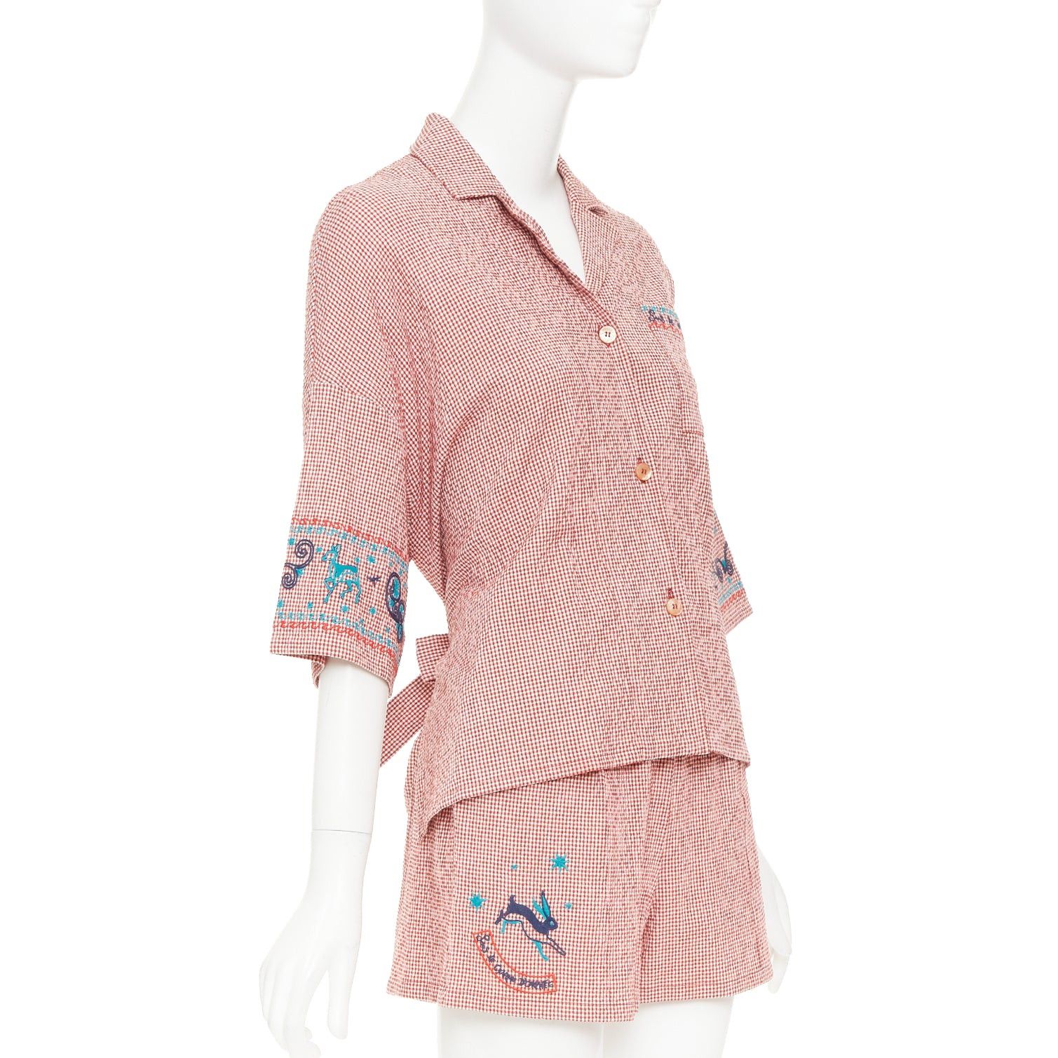 Hermes HERMES Sur La Pouce red gingham cotton blend embroidered pajama shirt shorts set FR34 XS Size XS / US 0-2 / IT 36-38 - 3 Thumbnail