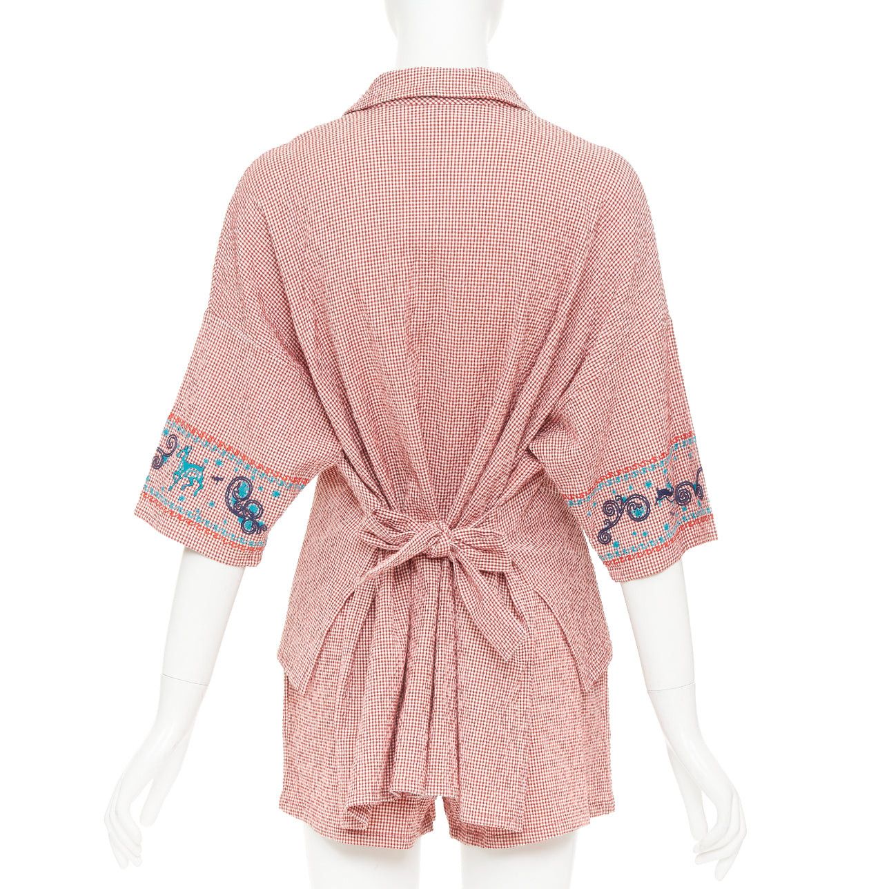 Hermes HERMES Sur La Pouce red gingham cotton blend embroidered pajama shirt shorts set FR34 XS Size XS / US 0-2 / IT 36-38 - 5 Thumbnail