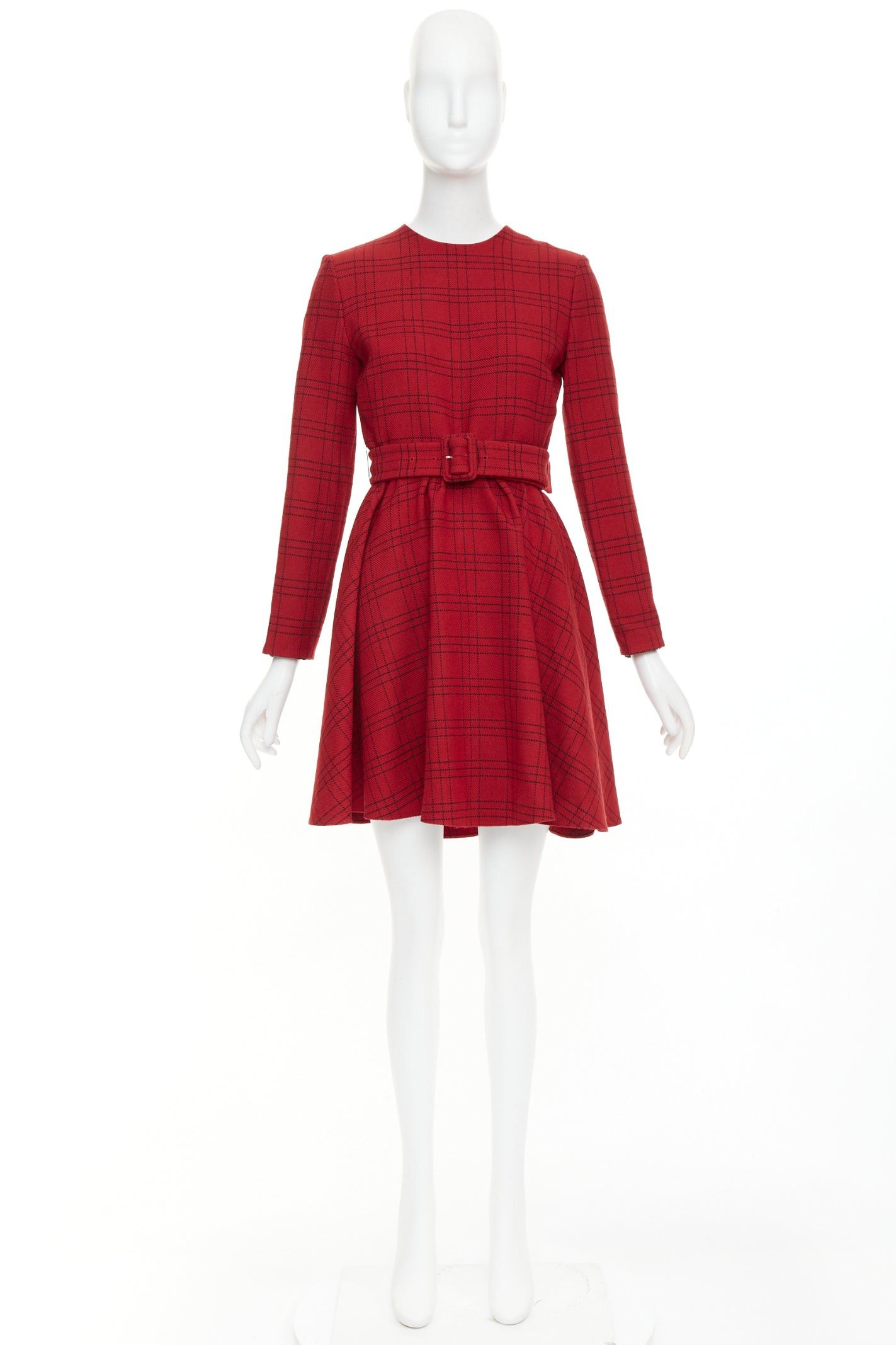 Dior CHRISTIAN DIOR 2018 red plaid check virgin wool belted A-line dress FR36 S Size S / US 4 / IT 40 - 9 Thumbnail