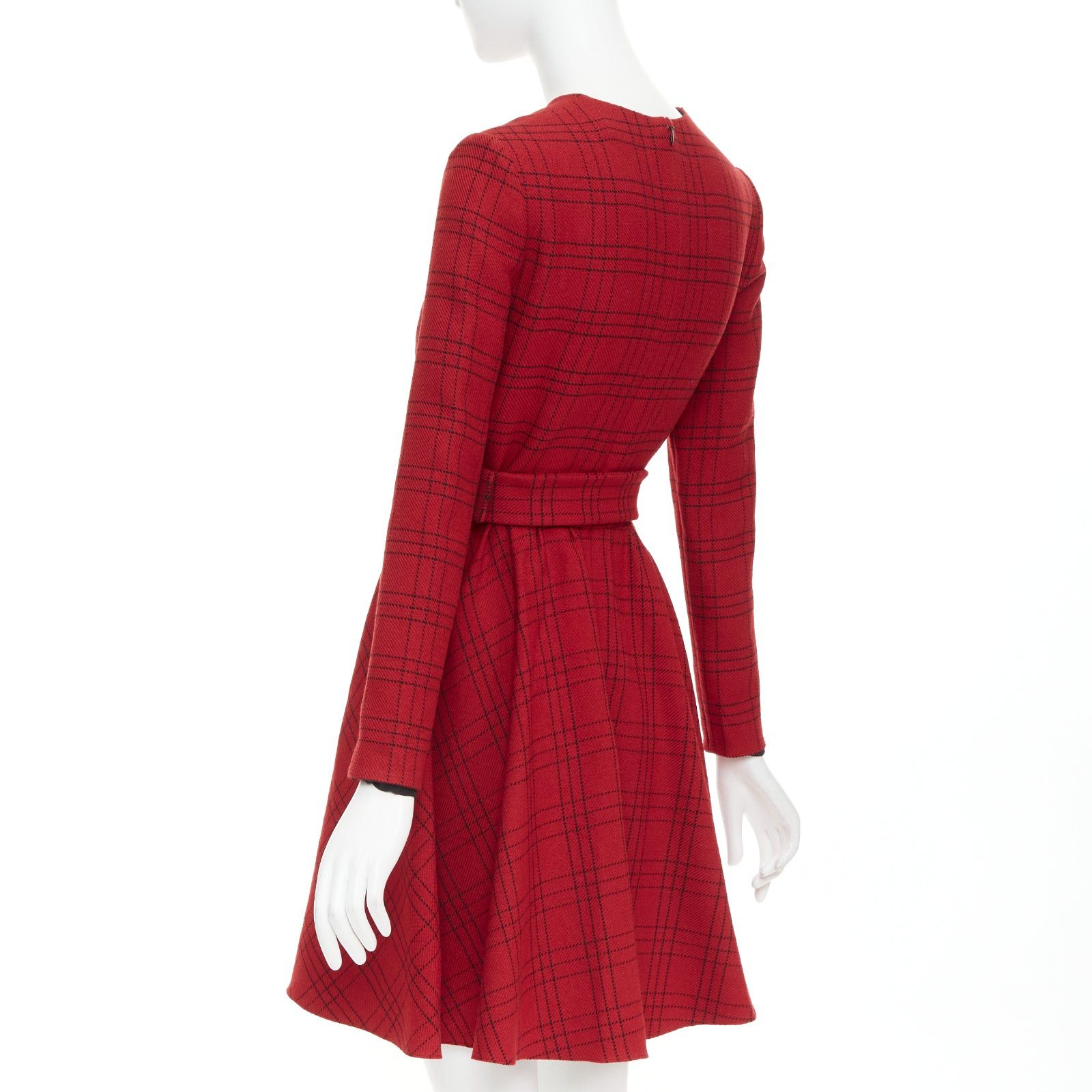 Dior CHRISTIAN DIOR 2018 red plaid check virgin wool belted A-line dress FR36 S Size S / US 4 / IT 40 - 6 Thumbnail