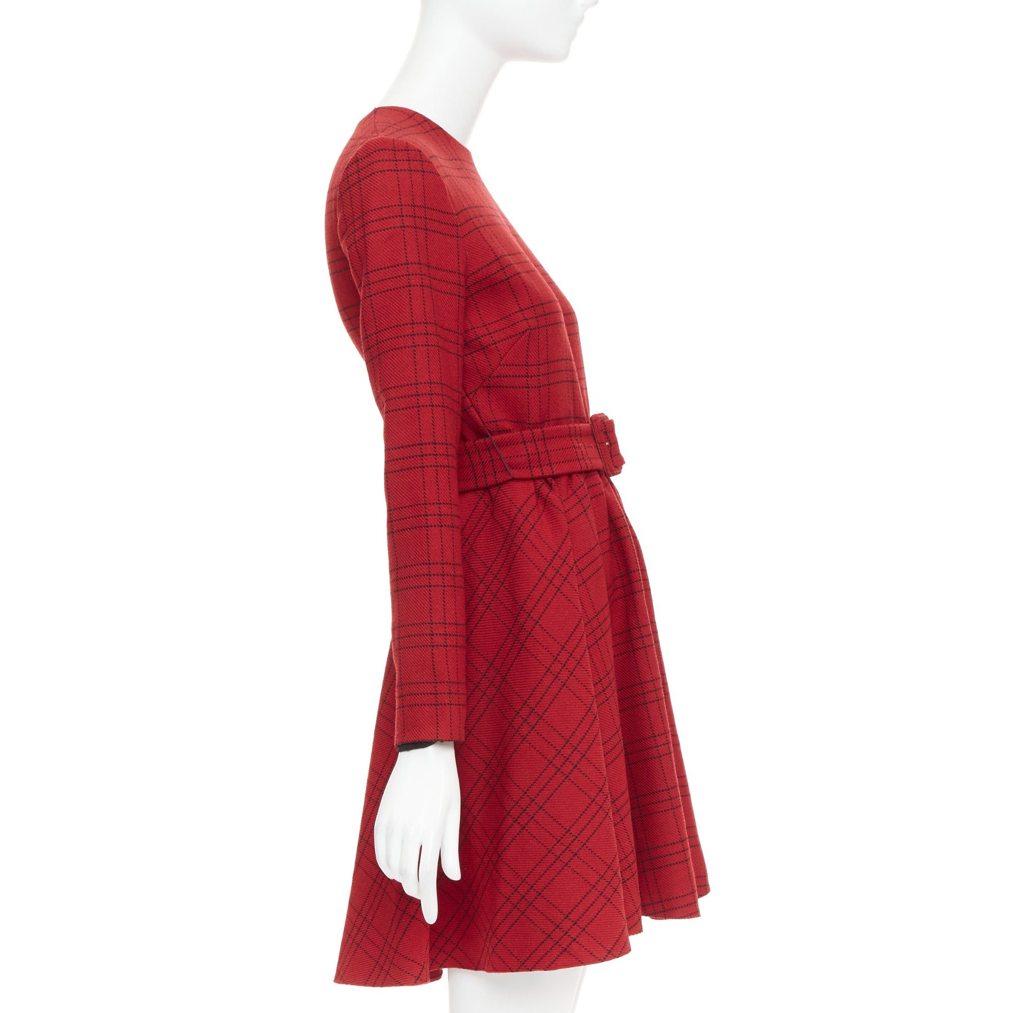 Dior CHRISTIAN DIOR 2018 red plaid check virgin wool belted A-line dress FR36 S Size S / US 4 / IT 40 - 4 Thumbnail