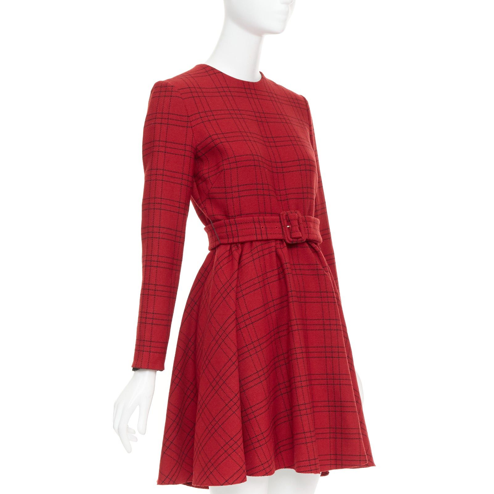 Dior CHRISTIAN DIOR 2018 red plaid check virgin wool belted A-line dress FR36 S Size S / US 4 / IT 40 - 3 Thumbnail