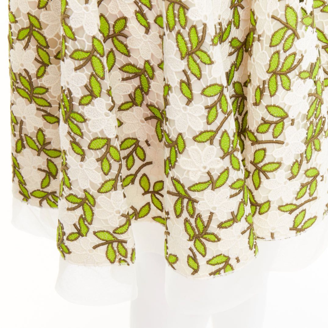Giambattista Valli GIAMBATTISTA VALLI ivory green floral leaf embroidery anglais fit flare cocktail dress IT44 M Size M / US 6-8 / IT 42-44 - 7 Thumbnail