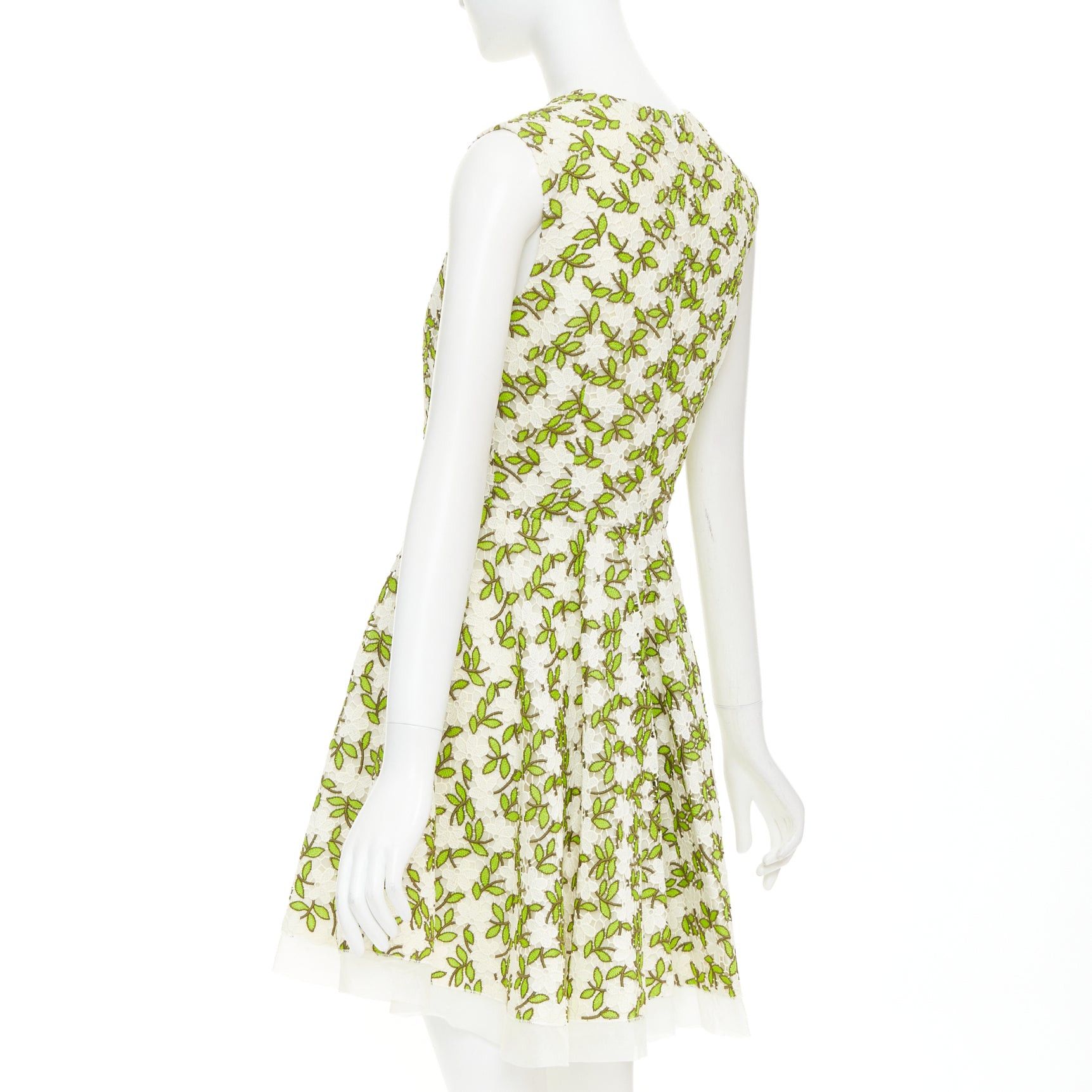 Giambattista Valli GIAMBATTISTA VALLI ivory green floral leaf embroidery anglais fit flare cocktail dress IT44 M Size M / US 6-8 / IT 42-44 - 6 Thumbnail