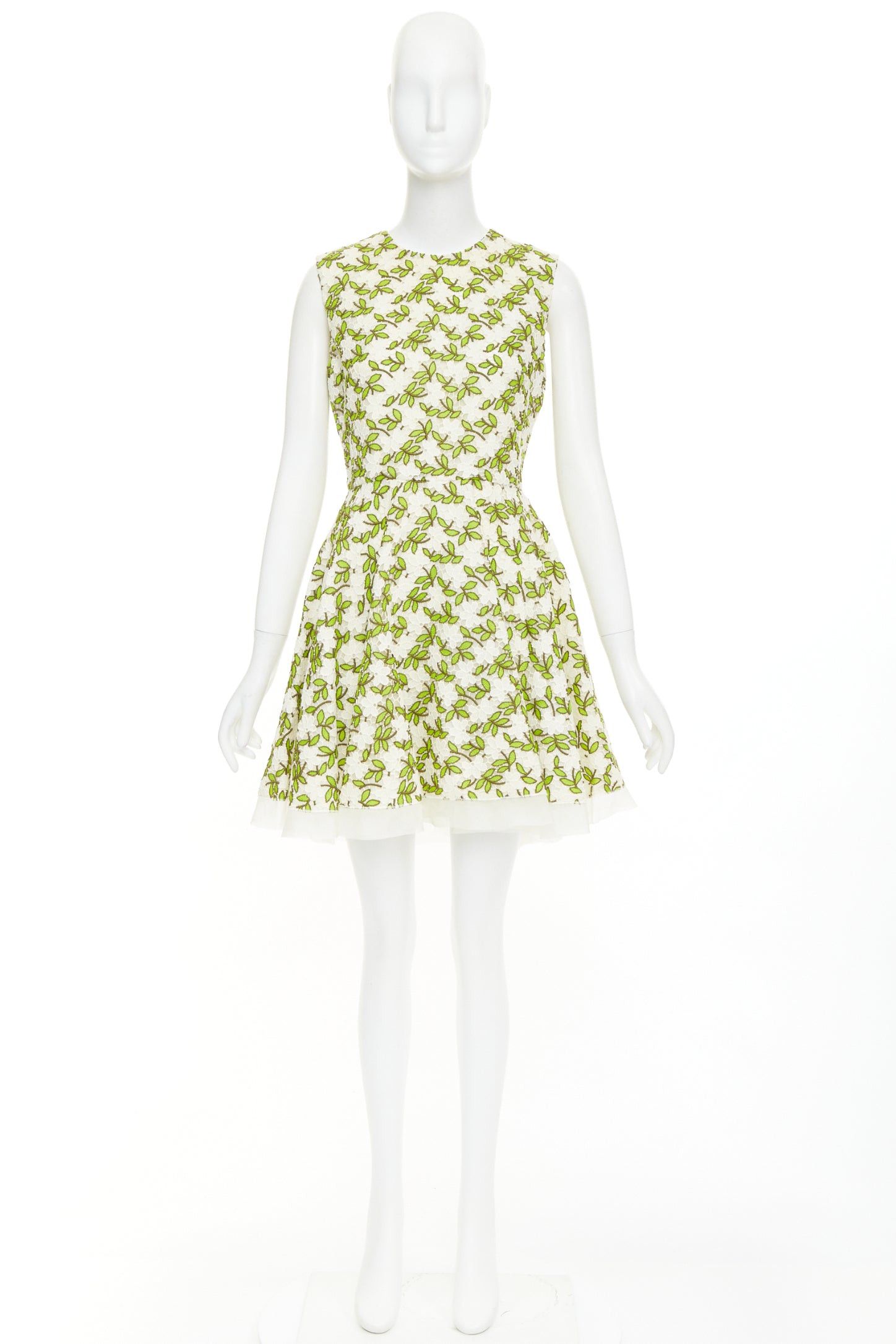 Giambattista Valli GIAMBATTISTA VALLI ivory green floral leaf embroidery anglais fit flare cocktail dress IT44 M Size M / US 6-8 / IT 42-44 - 9 Thumbnail