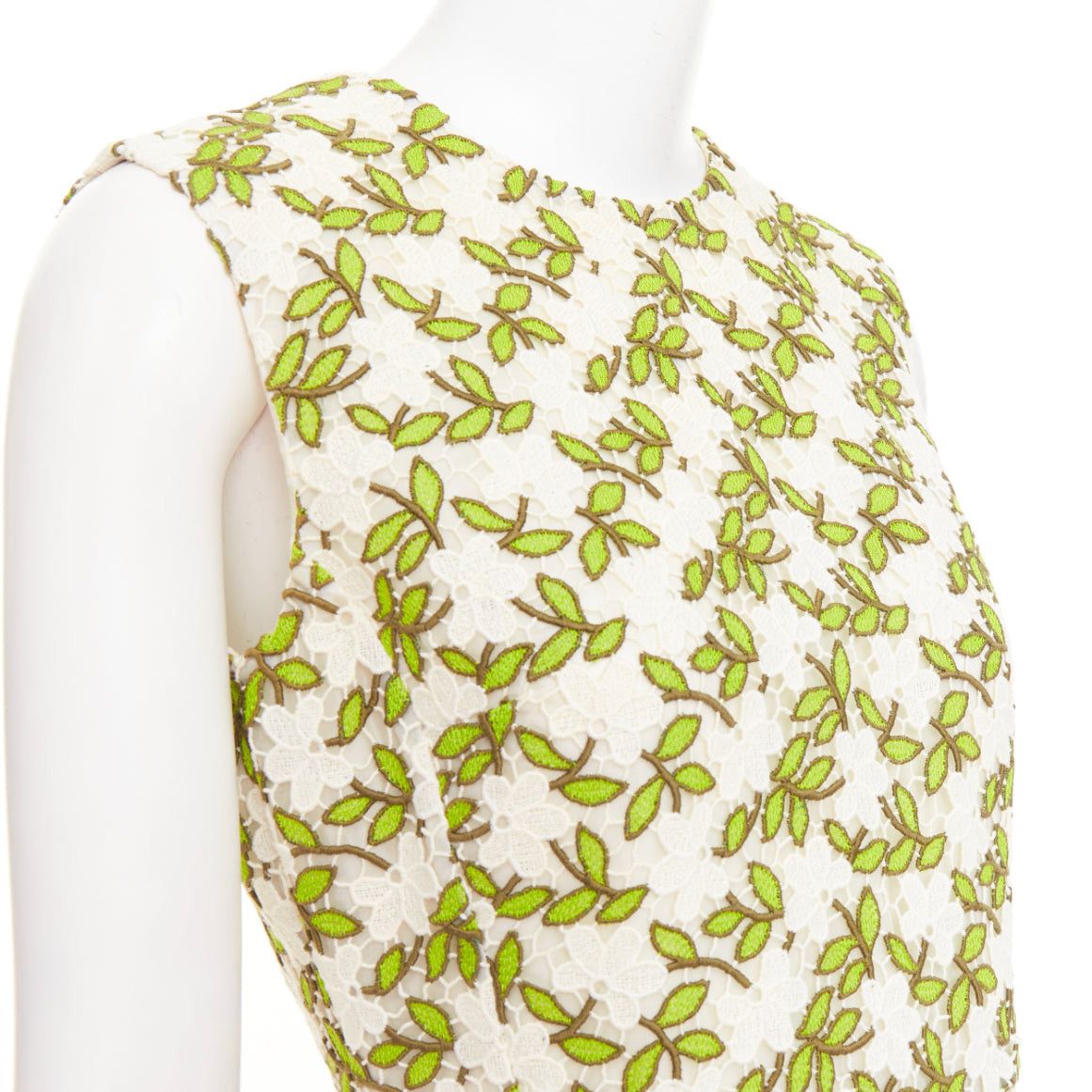 Giambattista Valli GIAMBATTISTA VALLI ivory green floral leaf embroidery anglais fit flare cocktail dress IT44 M Size M / US 6-8 / IT 42-44 - 2 Thumbnail