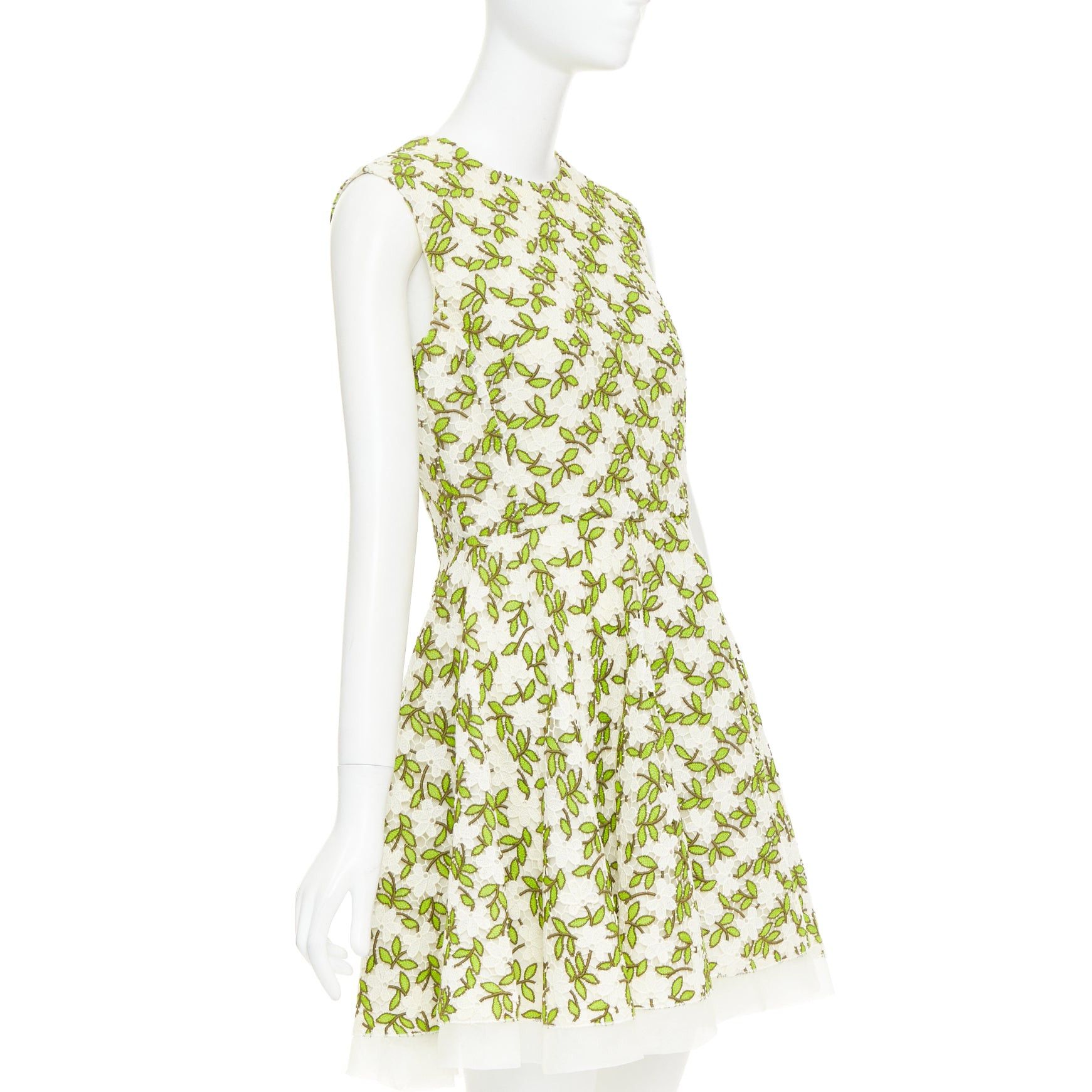 Giambattista Valli GIAMBATTISTA VALLI ivory green floral leaf embroidery anglais fit flare cocktail dress IT44 M Size M / US 6-8 / IT 42-44 - 3 Thumbnail