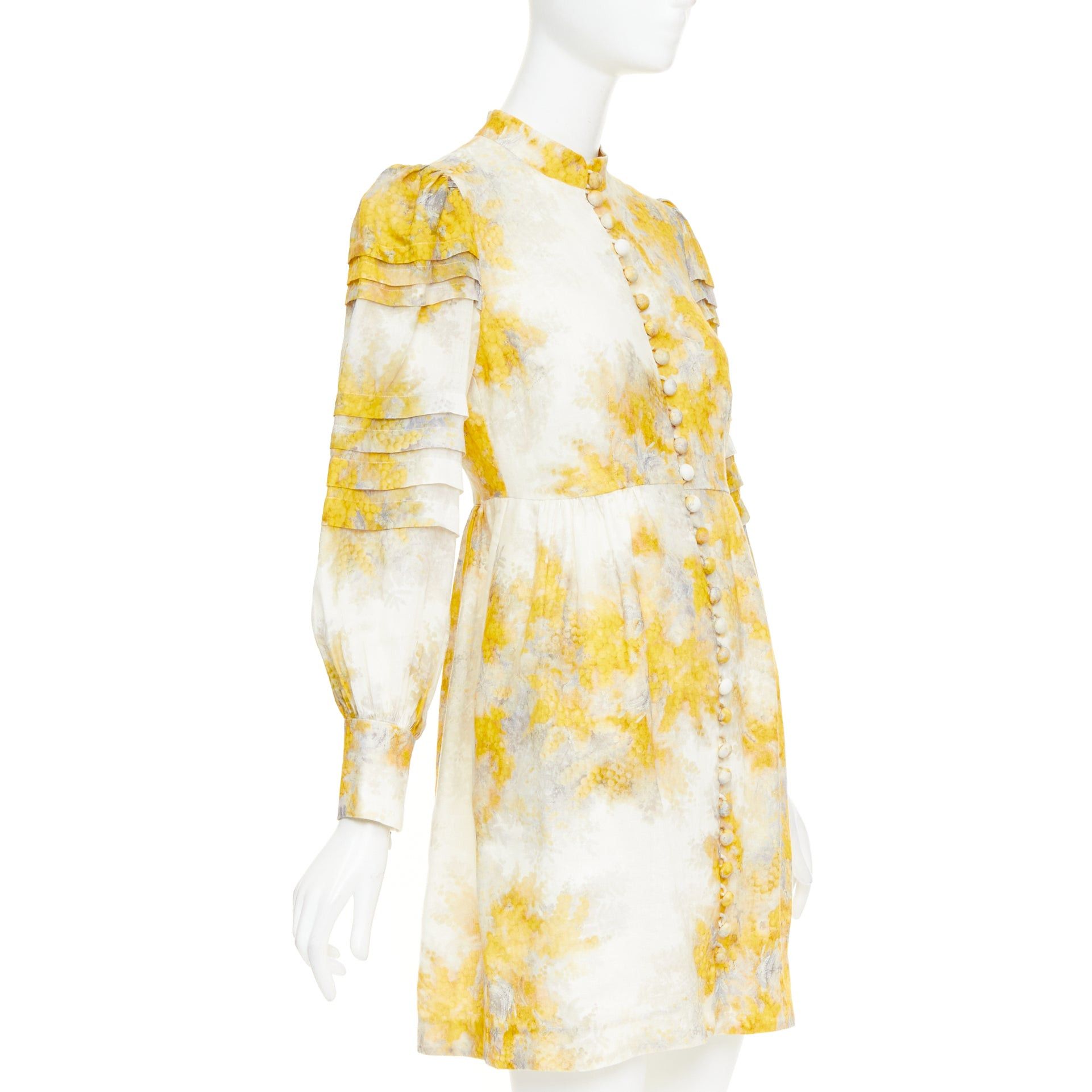 Zimmermann ZIMMERMANN 2021 Botanica yellow grey linen Wattle floral print puff sleeves dress Sz1 S Size S / US 4 / IT 40 - 3 Thumbnail