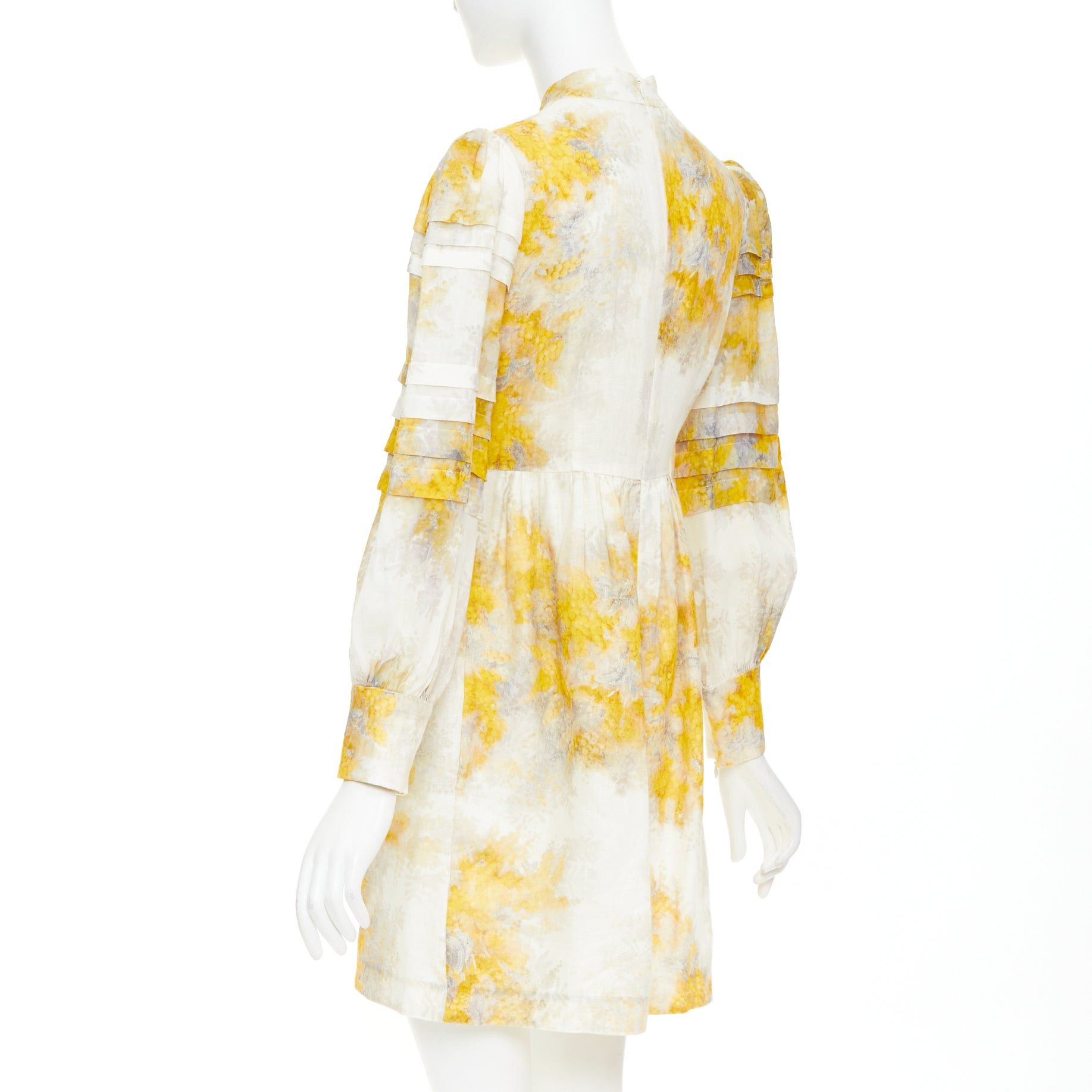 Zimmermann ZIMMERMANN 2021 Botanica yellow grey linen Wattle floral print puff sleeves dress Sz1 S Size S / US 4 / IT 40 - 6 Thumbnail