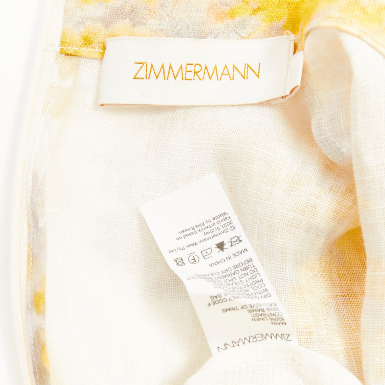 Zimmermann ZIMMERMANN 2021 Botanica yellow grey linen Wattle floral print puff sleeves dress Sz1 S Size S / US 4 / IT 40 - 9 Thumbnail