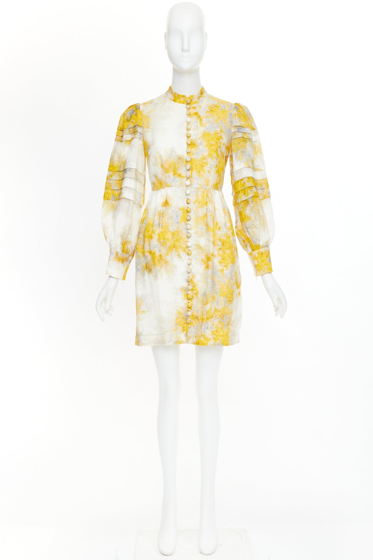 Zimmermann ZIMMERMANN 2021 Botanica yellow grey linen Wattle floral print puff sleeves dress Sz1 S Size S / US 4 / IT 40 - 10 Thumbnail